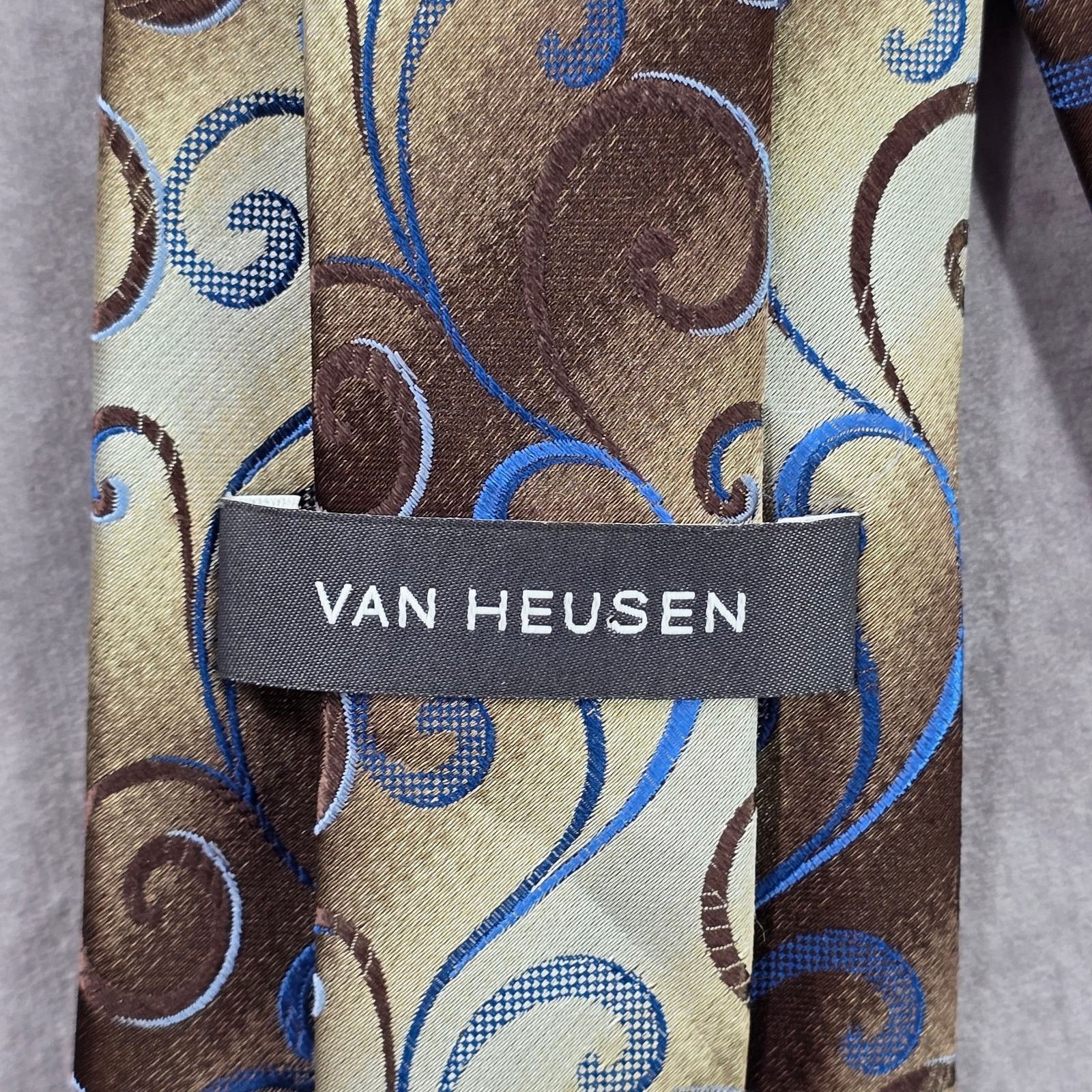 Van Heusen Van Heusen Brown Floral Stripe Swirl Silk Poly Men Neck Tie Size 30 - 4 Thumbnail