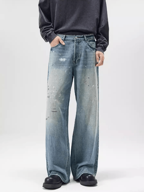 Japanese Brand × Jean Ink splash trend loose straight ice blue jeans for men Size US 32 / EU 48 - 2 Thumbnail