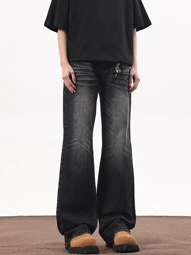 High street distressed washed black and gray bootcut jeans