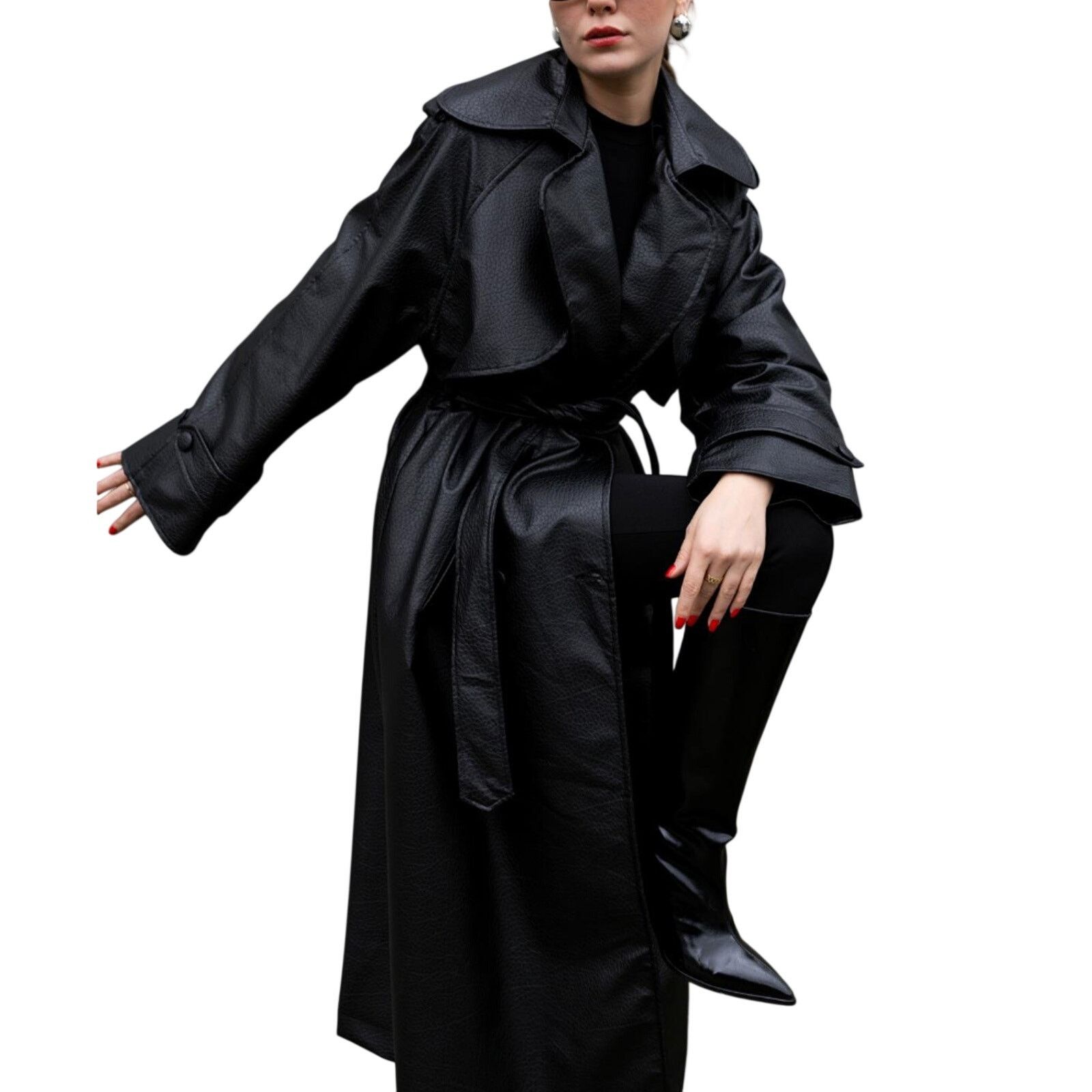 Other Black Faux Leather Trench Coat Women Long Belted Classic Size ONE SIZE - 4 Thumbnail