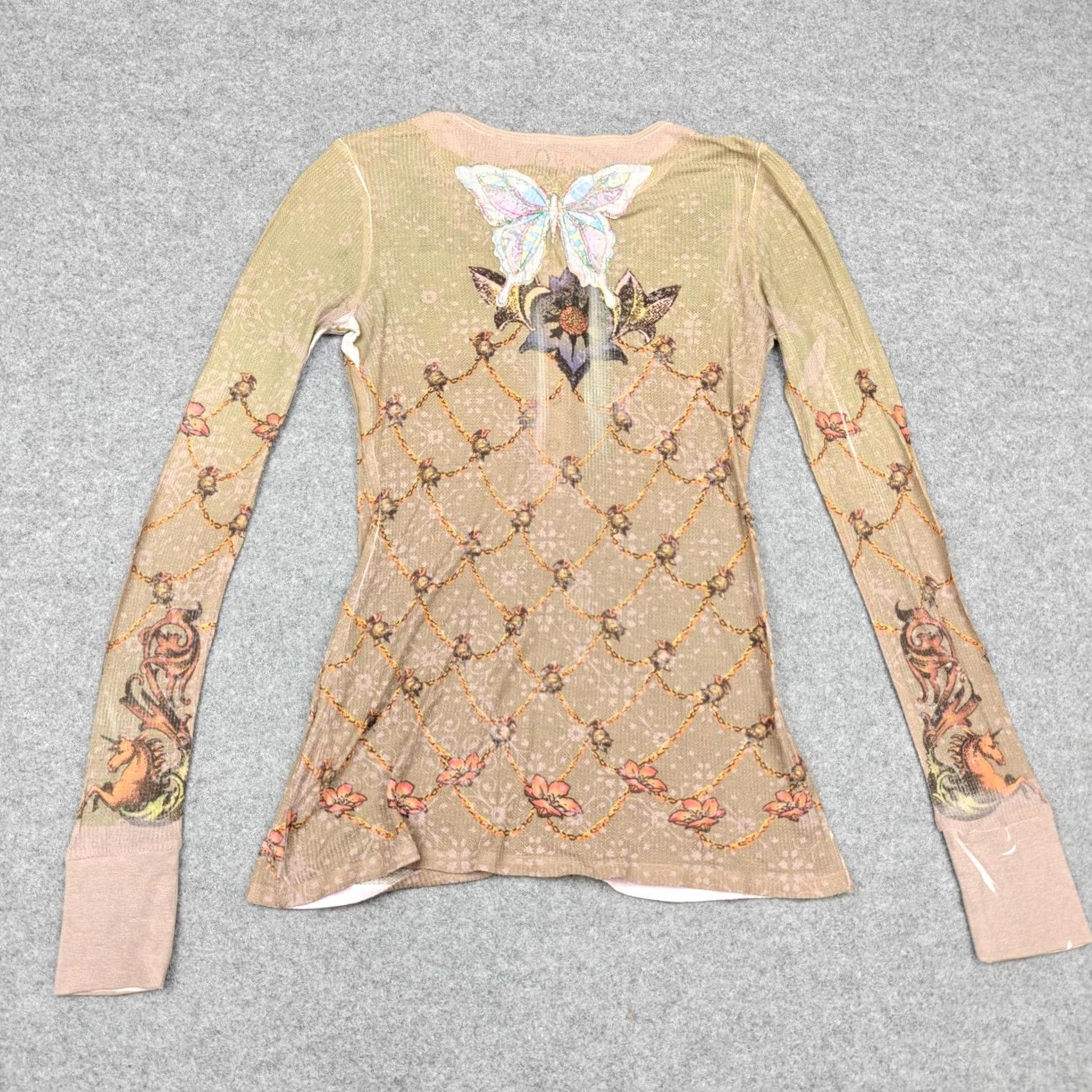 Vintage VINTAGE Butterfly Shirt Womens Small Beige Floral Henley Top Print Y2K Dropout Size S / US 4 / IT 40 - 7 Thumbnail