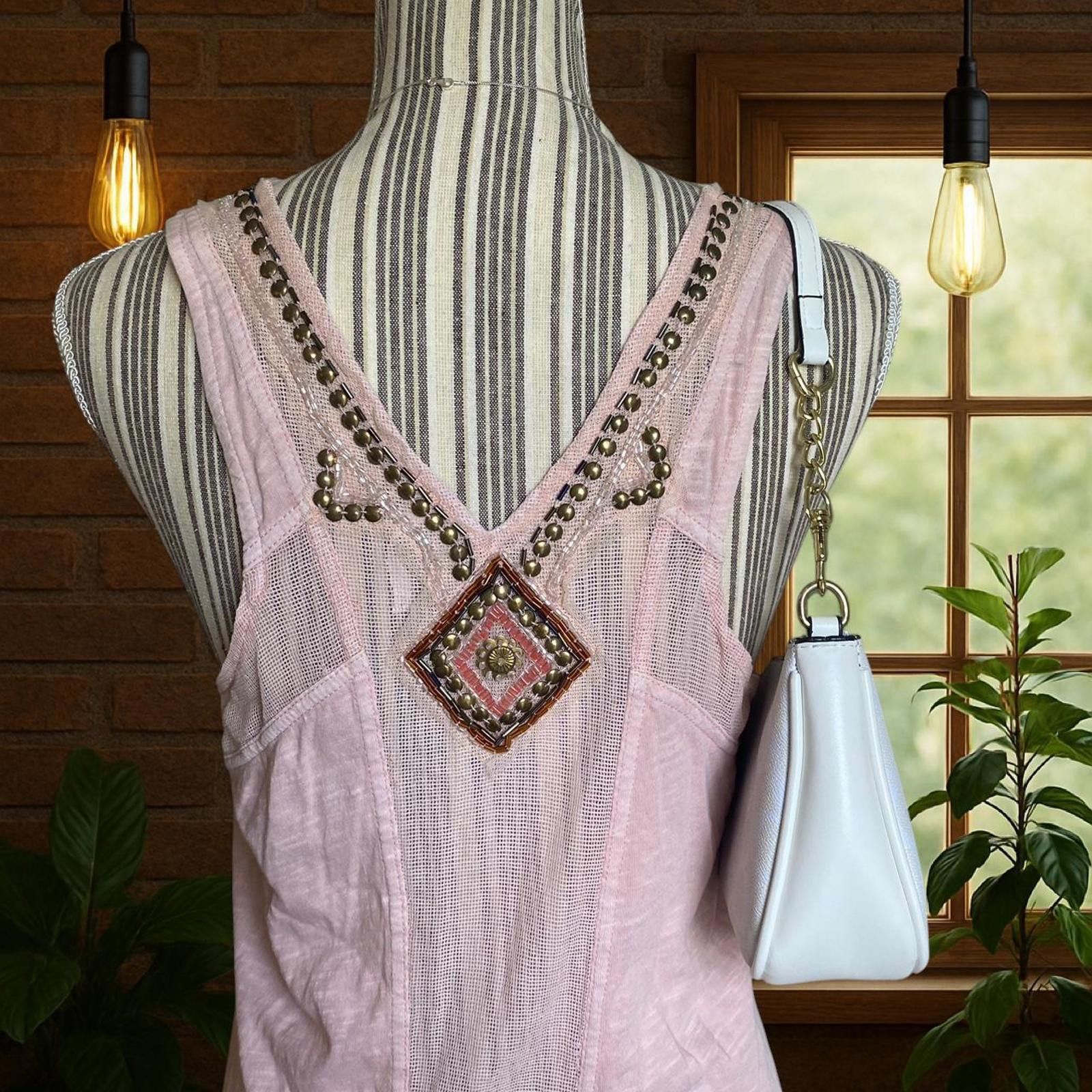 Free People Pink beaded boho top with sequence and mesh detailing Size S / US 4 / IT 40 - 5 Thumbnail