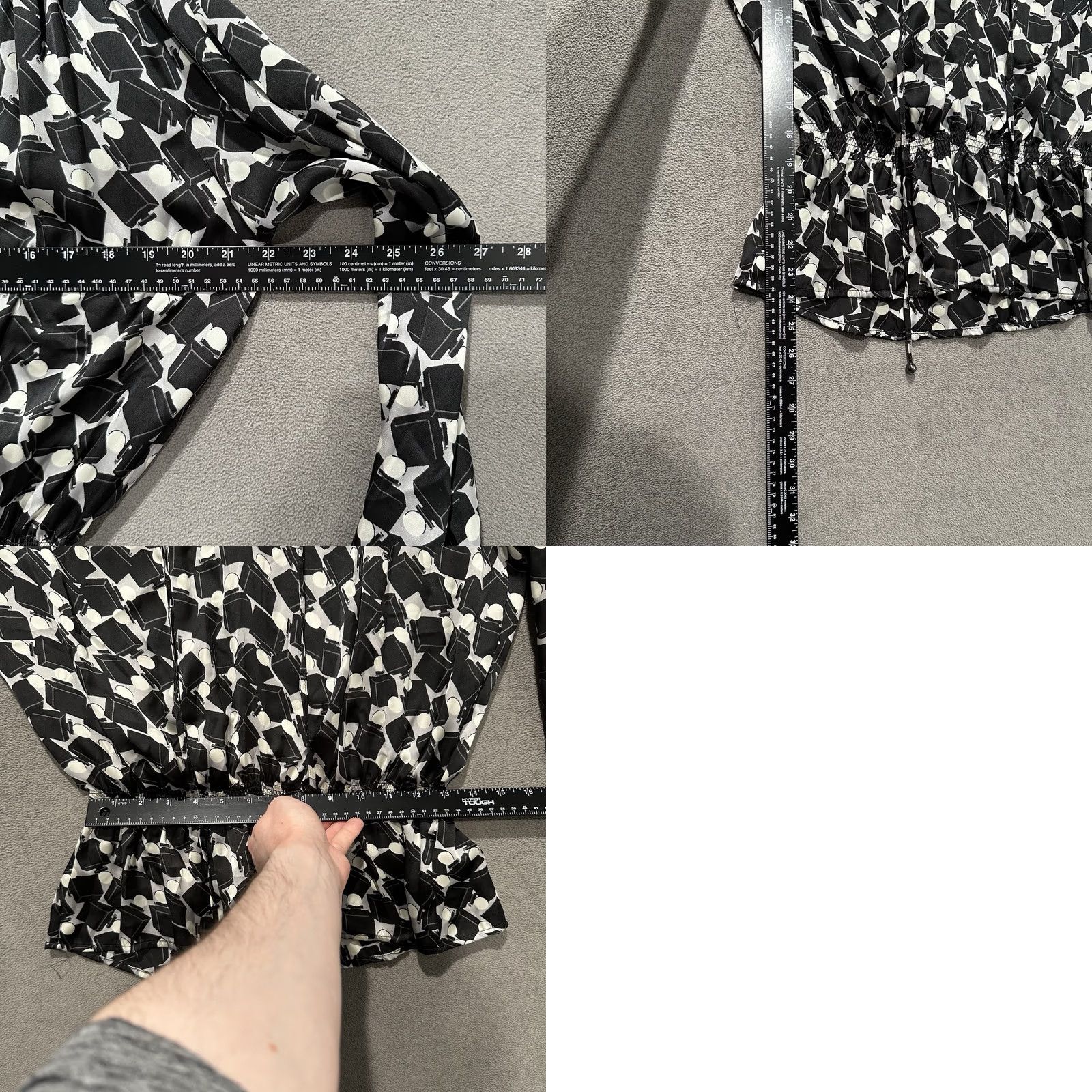 Ellen Tracy Ellen Tracy Blouse Geometric Puff Sleeve Cinched Waist V-Neck Long Sleeve Black White Women's M Size XL / US 12-14 / IT 48-50 - 8 Thumbnail