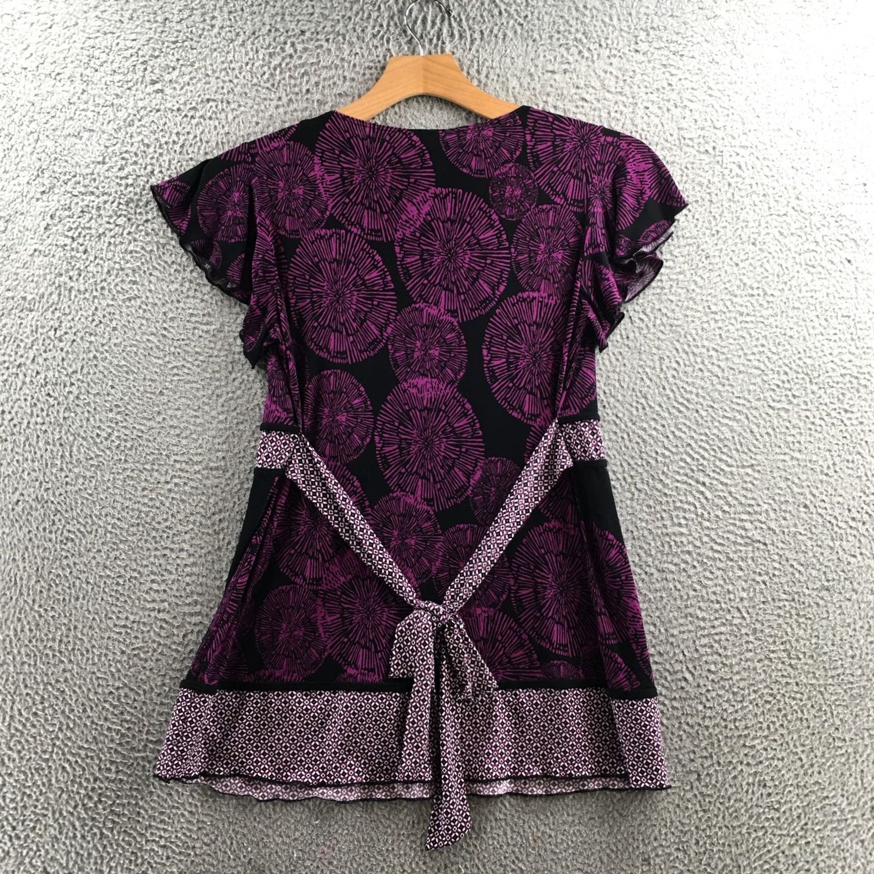 Vintage Venezia Tunic Top Women 14/16 Black Purple Short Sleeve Square Neck Empire Waist Blouse Shirt Size XL / US 12-14 / IT 48-50 - 7 Thumbnail