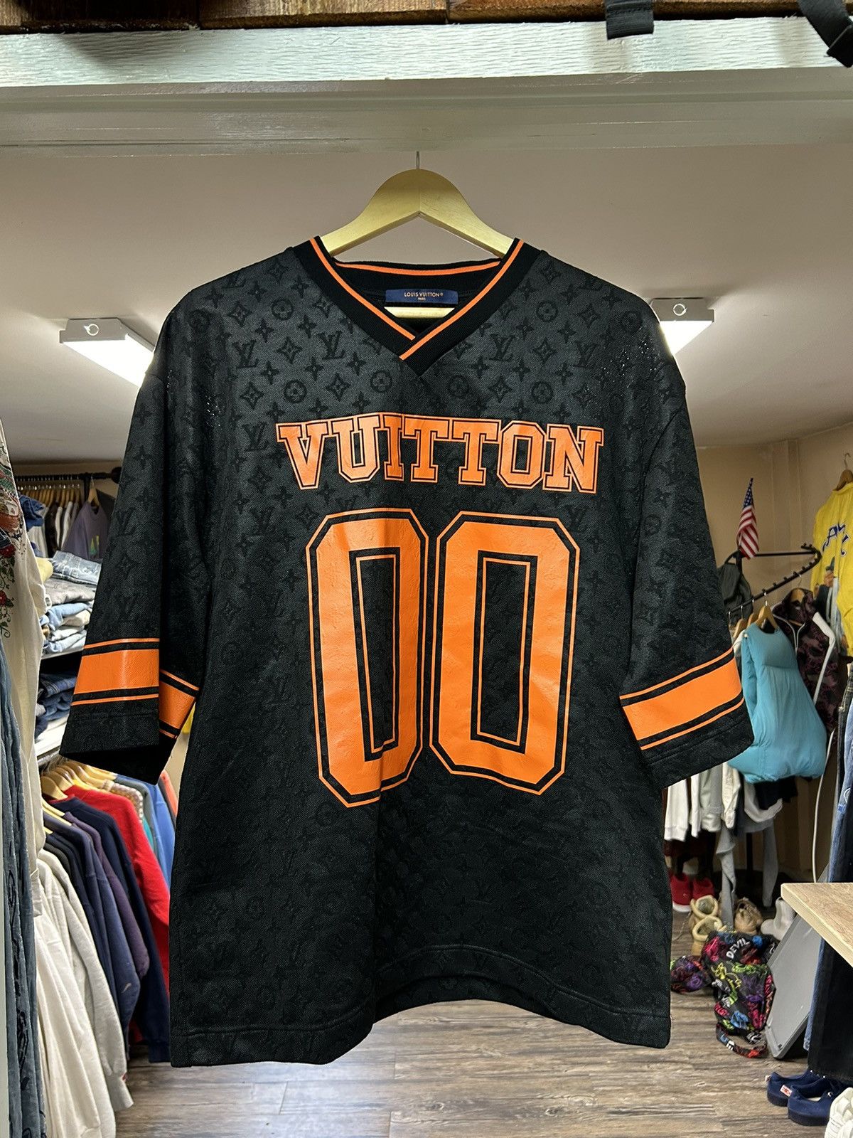 image of Louis Vuitton Monogram Sporty V-Neck T-Shirt/jersey in Black/Orange, Men's (Size Medium)