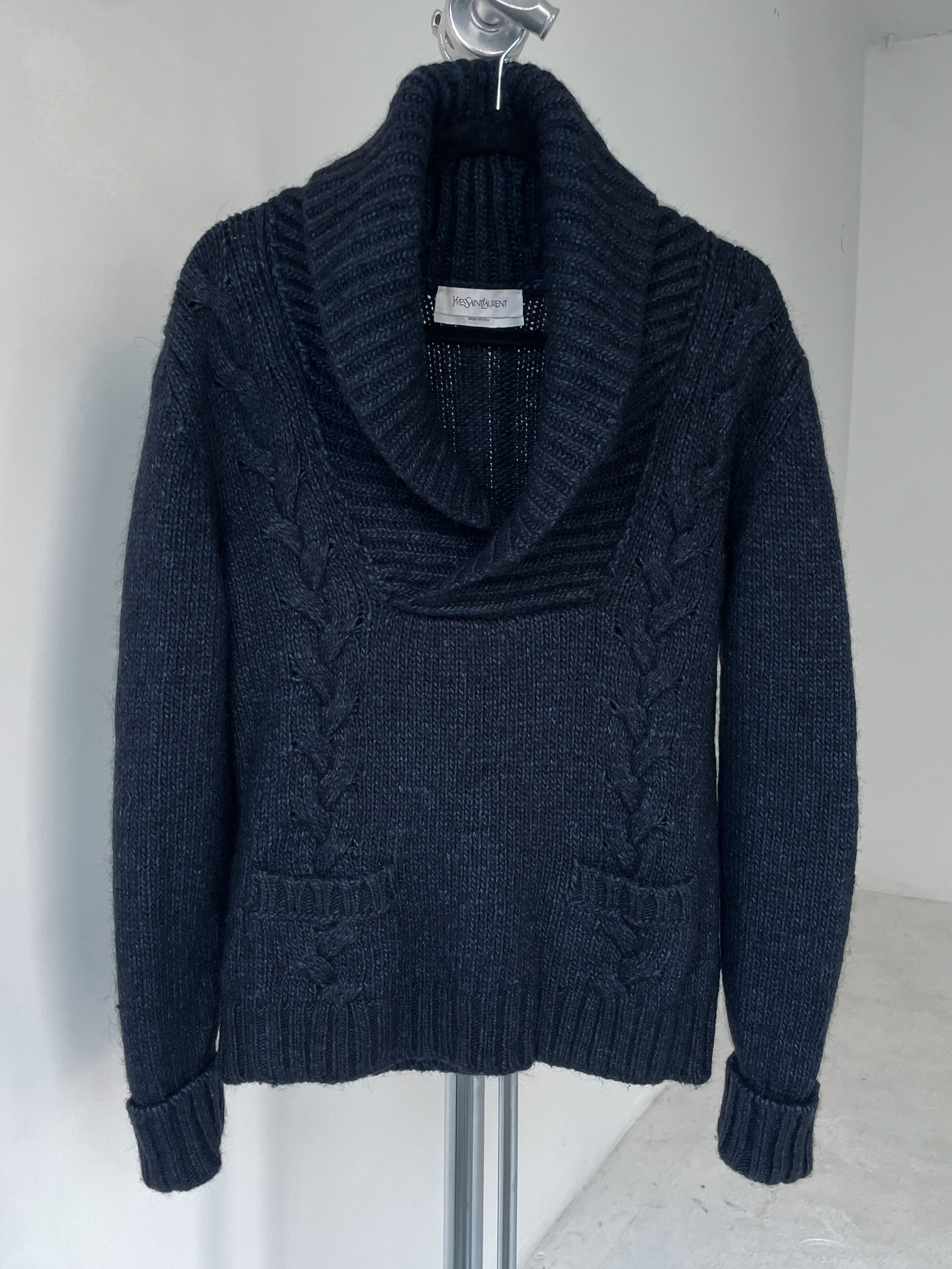 Yves Saint Laurent navy wool shawlneck sweater Size US M / EU 48-50 / 2 - 2 Thumbnail