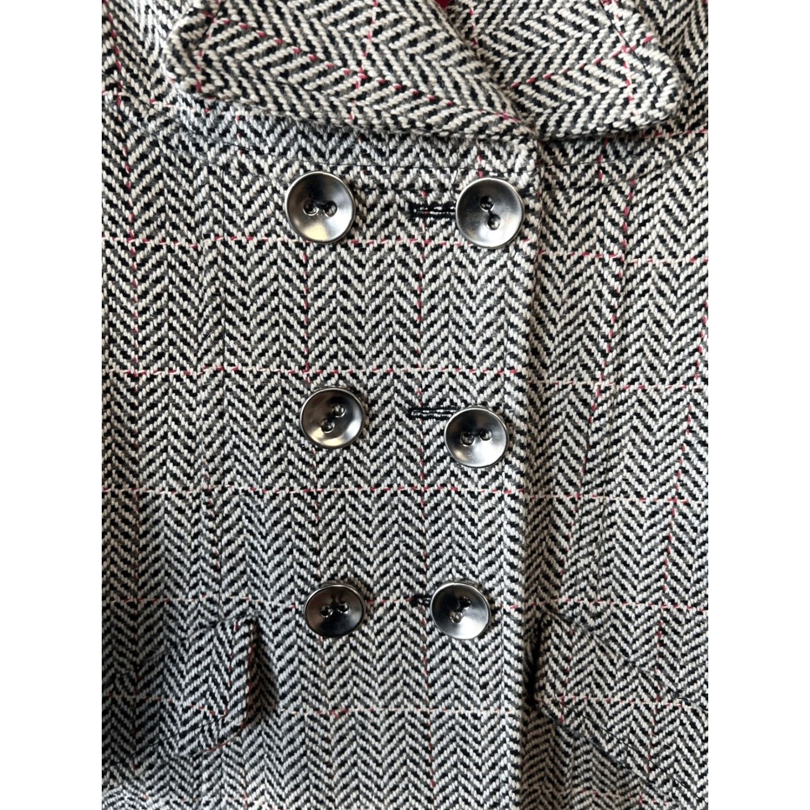 Vintage Moda International Wool Blend Pea Coat Herringbone Tweed Black White Red Medium Coat Women M Black Tweed Wool Blend Pea Coat 90s Style Womens Size M / US 6-8 / IT 42-44 - 3 Thumbnail