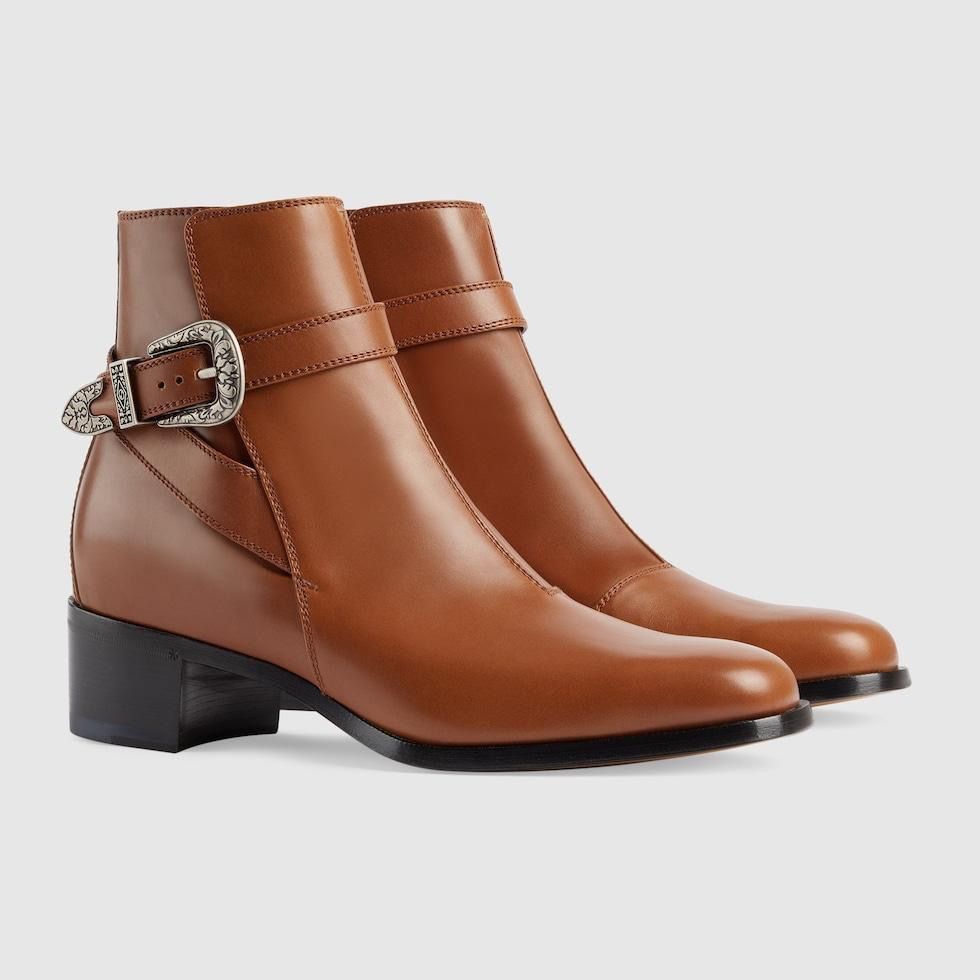 image of Gucci Leather Ankle Boots With Buckle In Brown, Men's (Size 13)