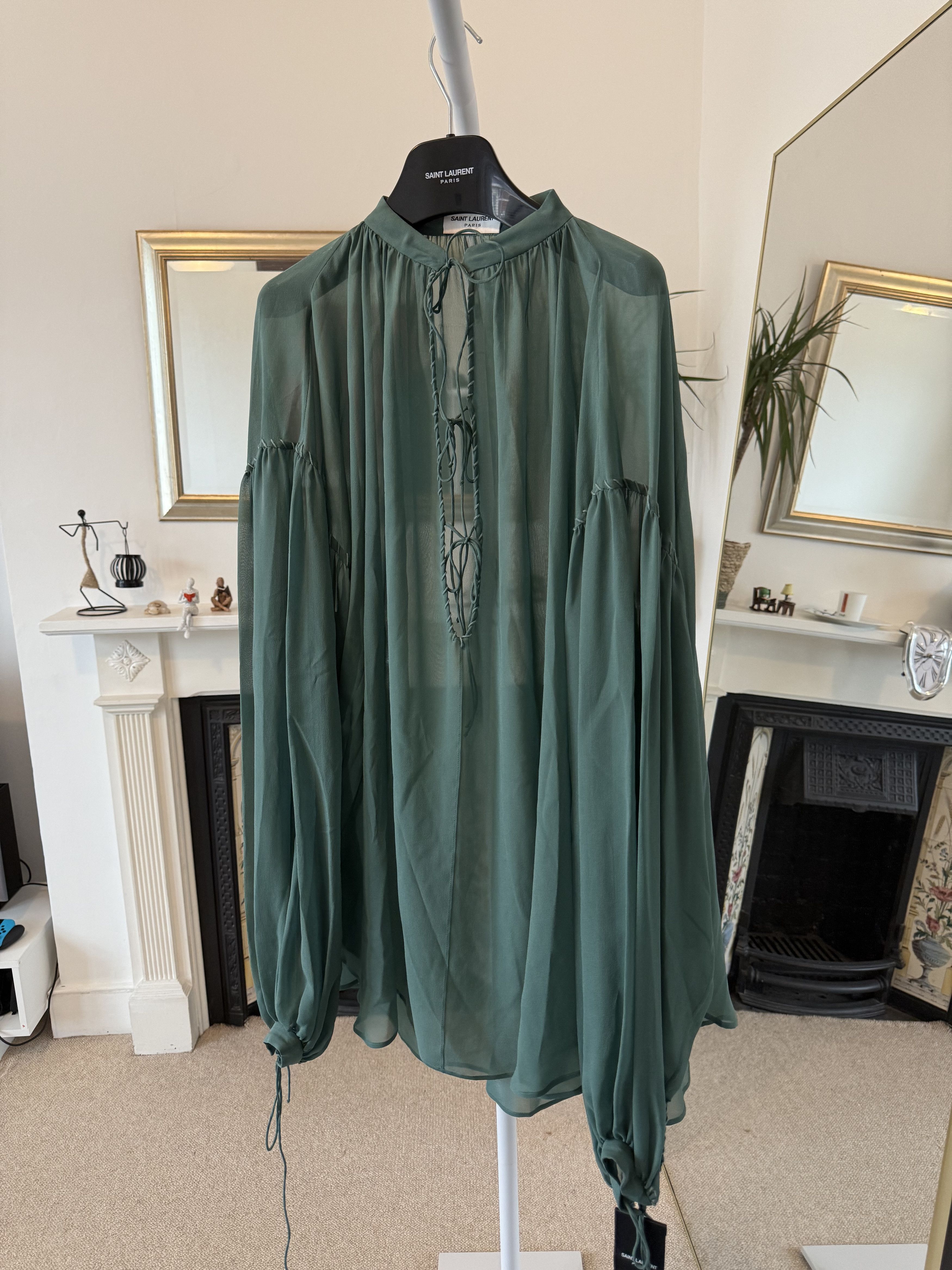 Saint Laurent Paris SS22 Saint Laurent Blouse in Silk Georgette Teal Size US L / EU 52-54 / 3 - 2 Thumbnail
