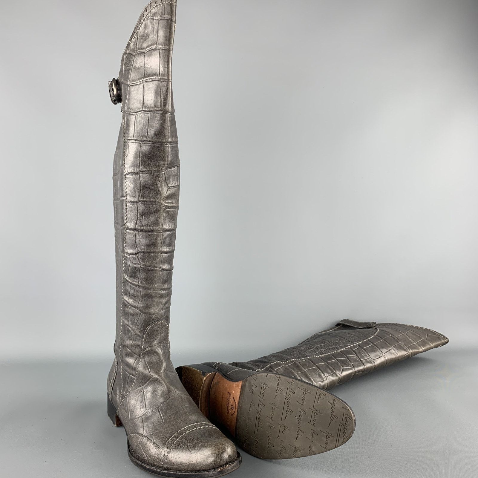 HENRY BEGUELIN Grey Crocodile Embossed Leather Knee High Boots Size US 8.5 / IT 38.5 - 3 Thumbnail