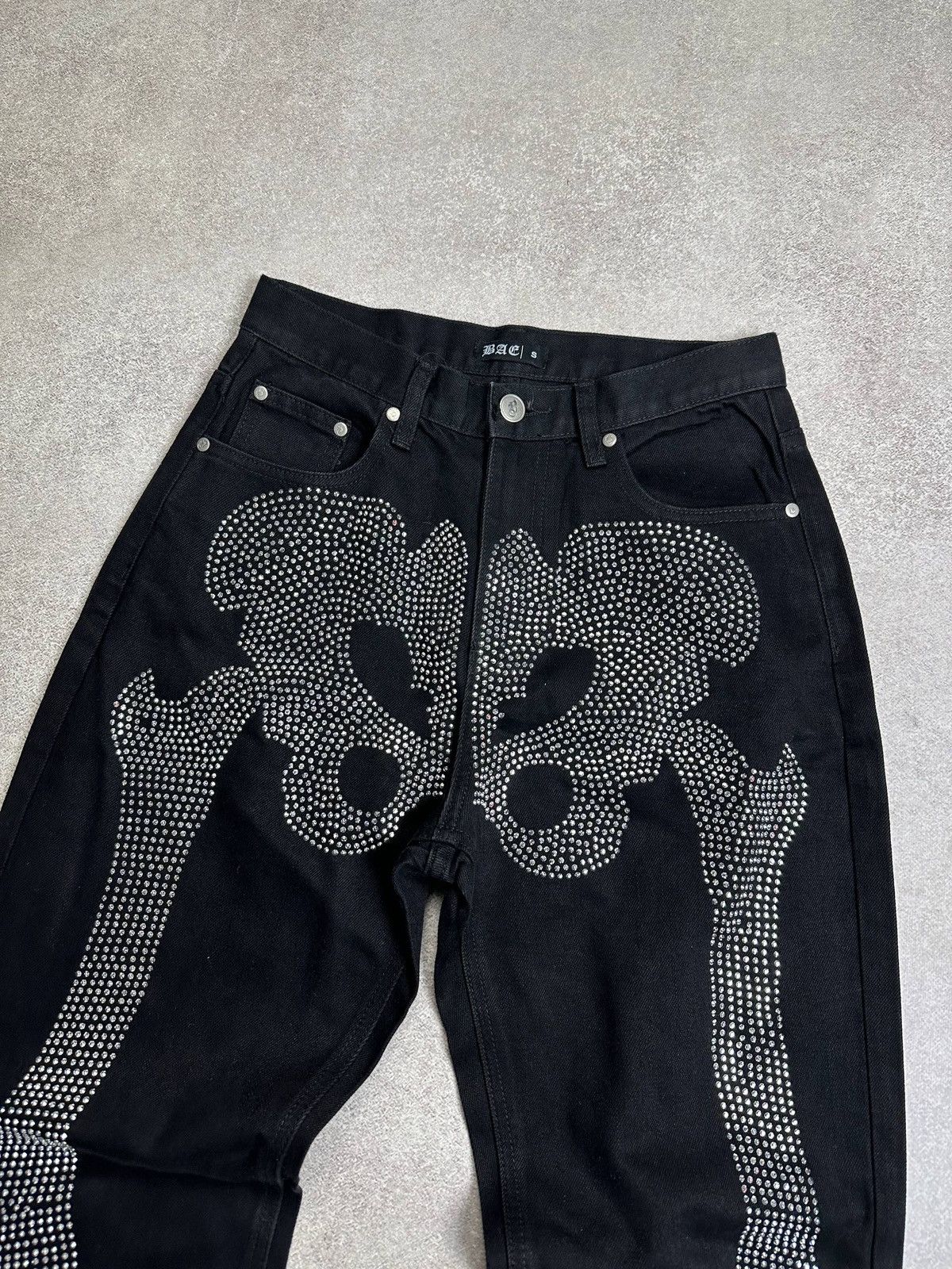 Southpole Vintage Skeleton Bones Rhinestones Black Jeans Pants S Size US 31 - 2 Thumbnail