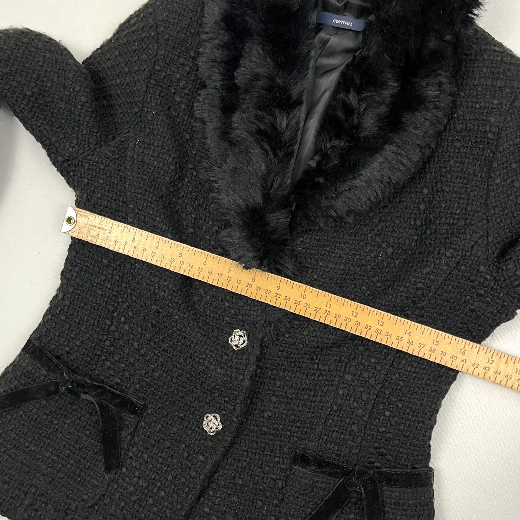 Vintage Cortefiel Jacket Womens 46 Black Tweed Wool Faux Fur Shawl Accent Bow Evening Chic Y2K Size S / US 4 / IT 40 - 6 Thumbnail
