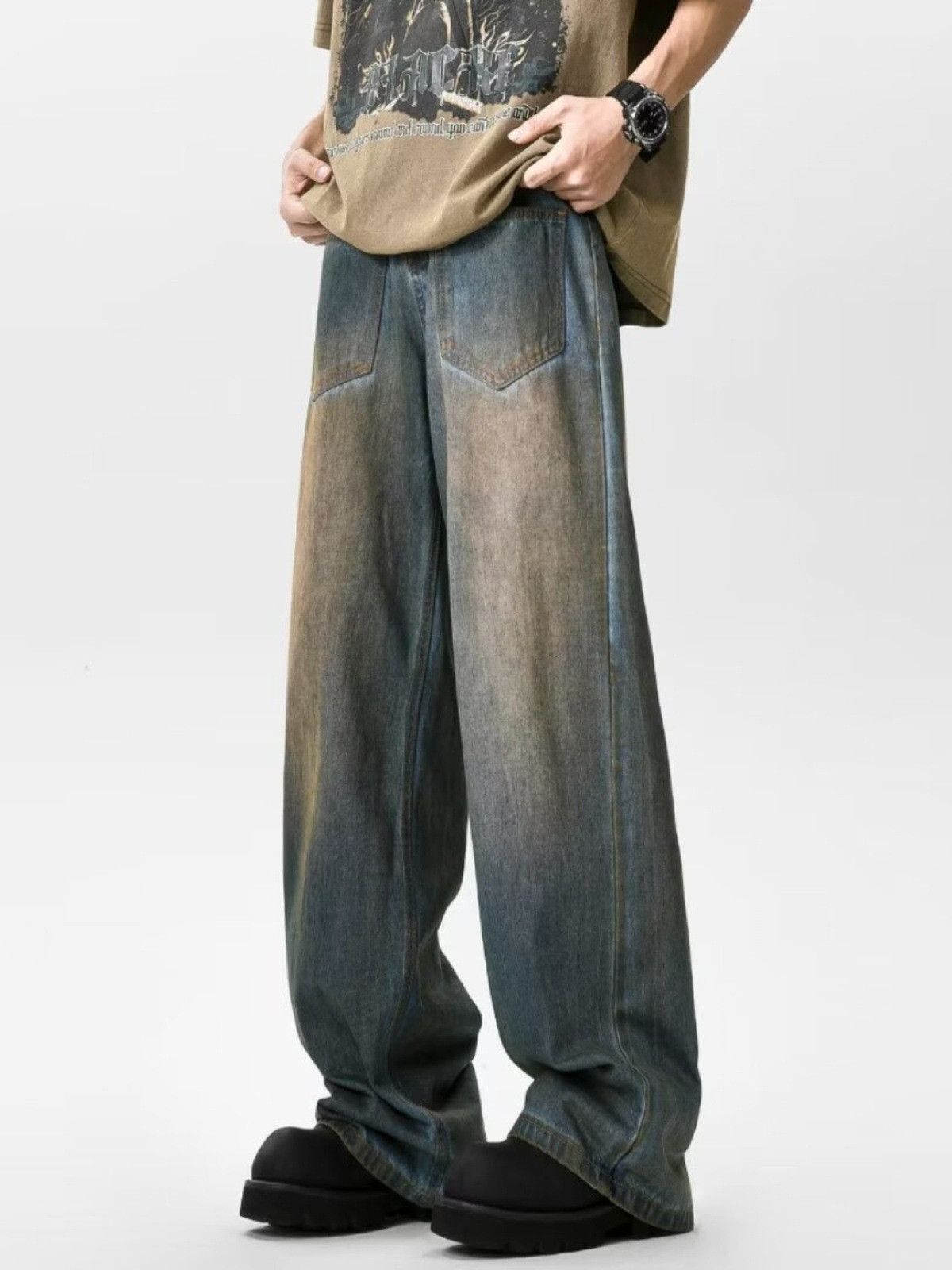 Japanese Brand Men's vintage distressed washed loose wide-leg jeans Size US 32 / EU 48 - 3 Thumbnail