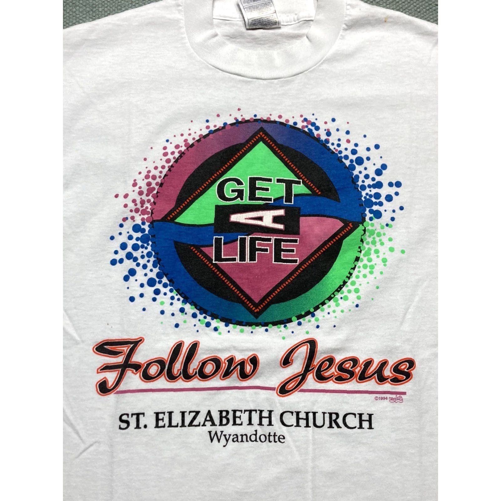 Fruit Of The Loom VINTAGE 90s graphic t shirt get a life follow Jesus tee church Christian M White Mens Shirt Size US M / EU 48-50 / 2 - 2 Thumbnail