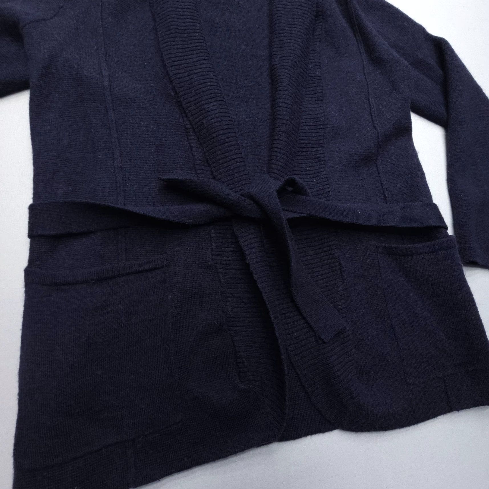 Vintage VINTAGE Halogen Fenn Wright Manson Tie Waist Open Cardigan Womens Medium Blue Merino Wool Blend Size ONE SIZE - 3 Thumbnail