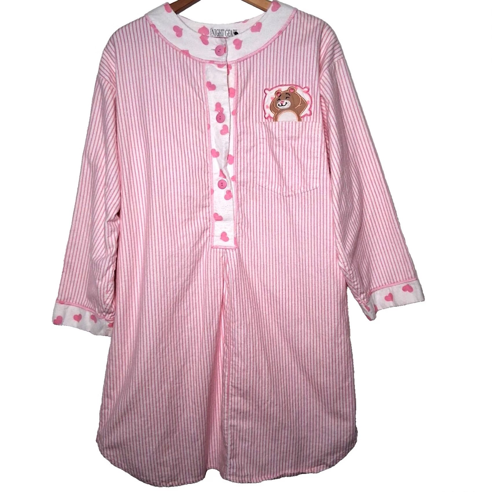 Vintage VINTAGE Night Gear Gown Nightgown Pullover Nightgown Long Sleeve Pink Flannel Heart Bear Cotton M Women Size ONE SIZE - 2 Thumbnail