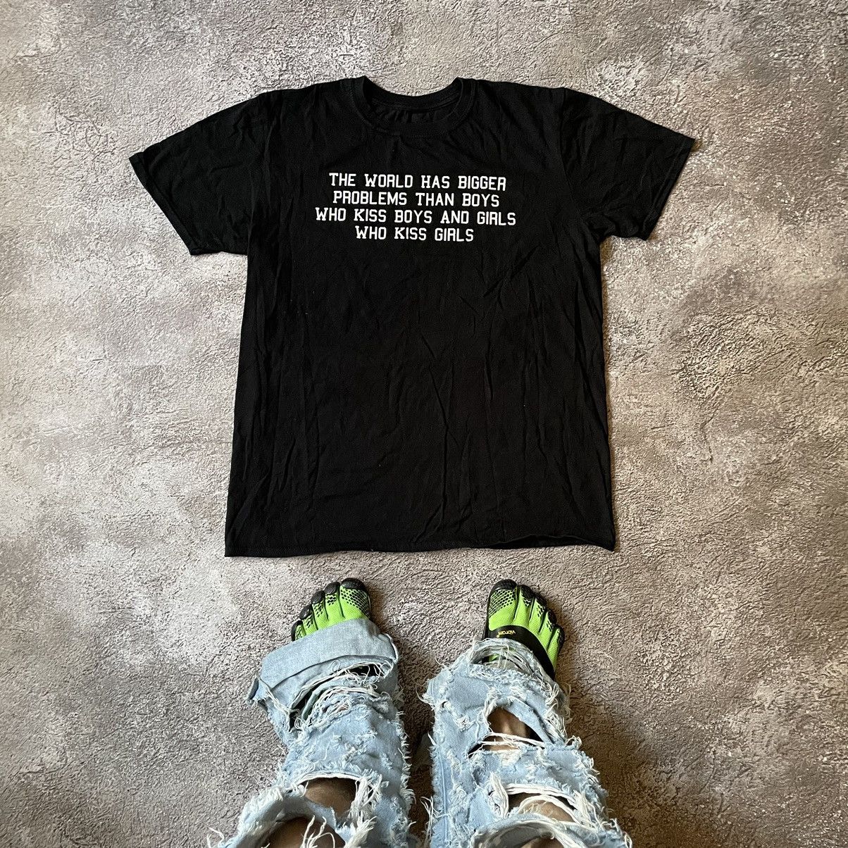 image of Humor x Vintage Y2K Adult “ Boys Who Kiss Boys World Has “ Funny Tee in Black, Men's (Size Medium)
