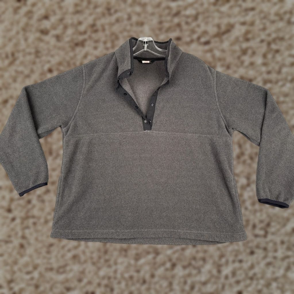 VINTAGE L.L. Bean Sweater Mens Medium Gray 1/4 Button Mock Neck Polyester Fleece Shirt