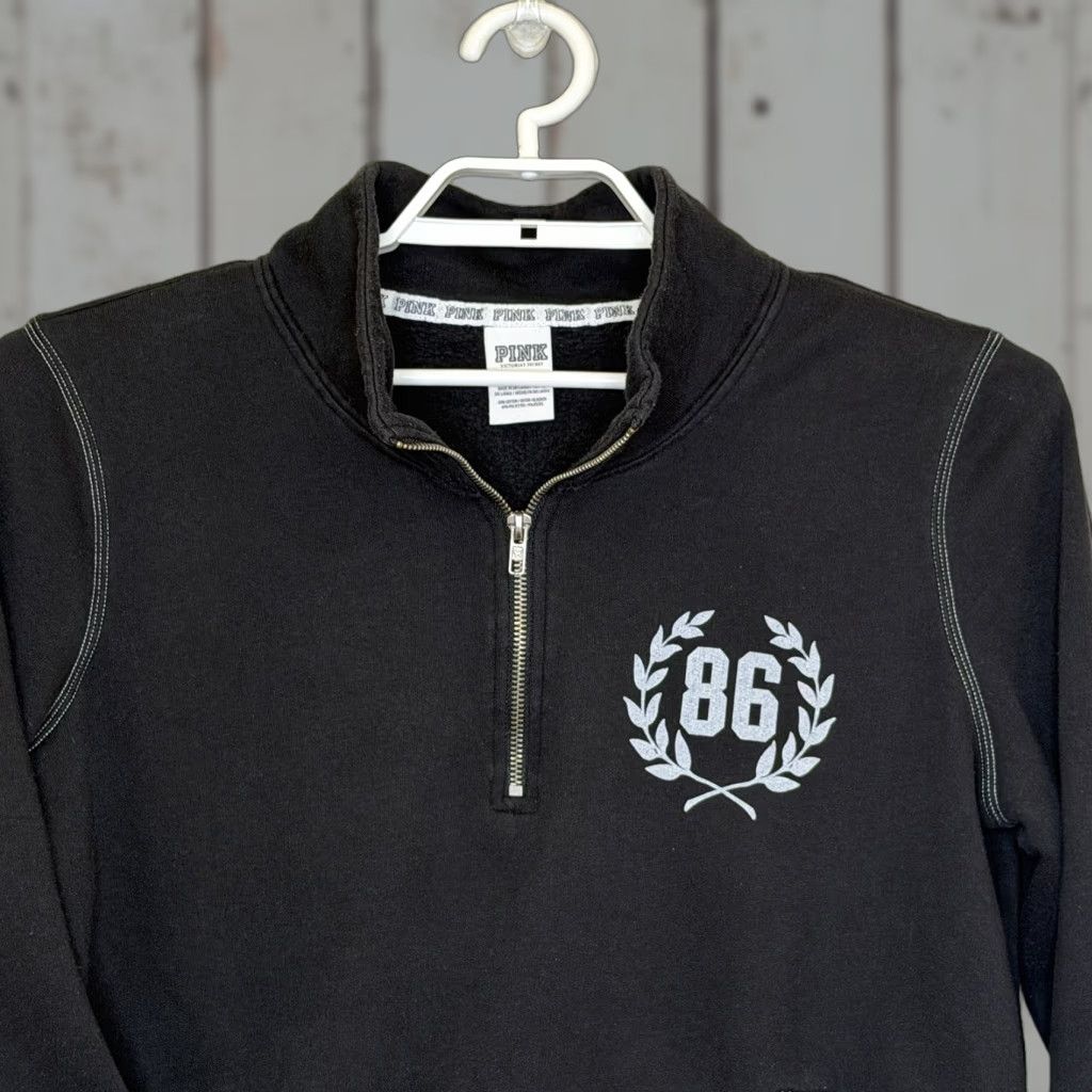 Victoria's Secret PINK Victoria's Secret Sweatshirt 1/4 Zip Pullover Black Womens Large Logo Pocket 2012 Size L / US 10 / IT 46 - 1 Thumbnail