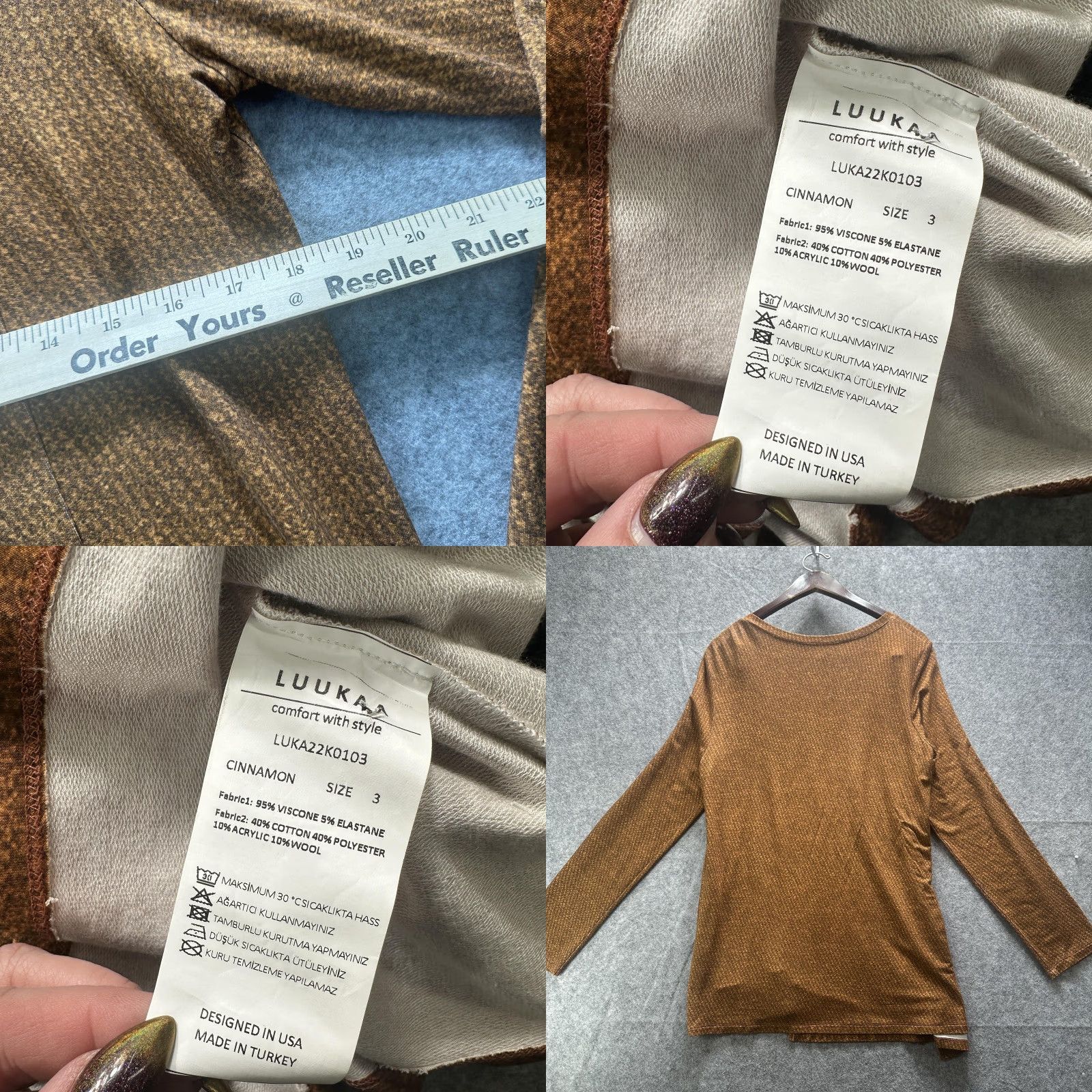 Vintage Luukaa Shirt Womens 10 Brown Cinnamon V Neck Tunic Long Sleeve Stretch Geometric Size L / US 10 / IT 46 - 9 Thumbnail