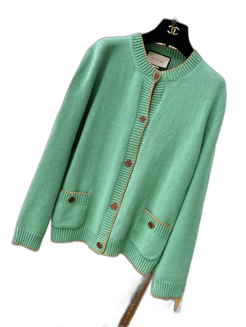 Gucci Gucci Green Knit Cardigan with Gold Trim Size L / US 10 / IT 46 - 1 Thumbnail