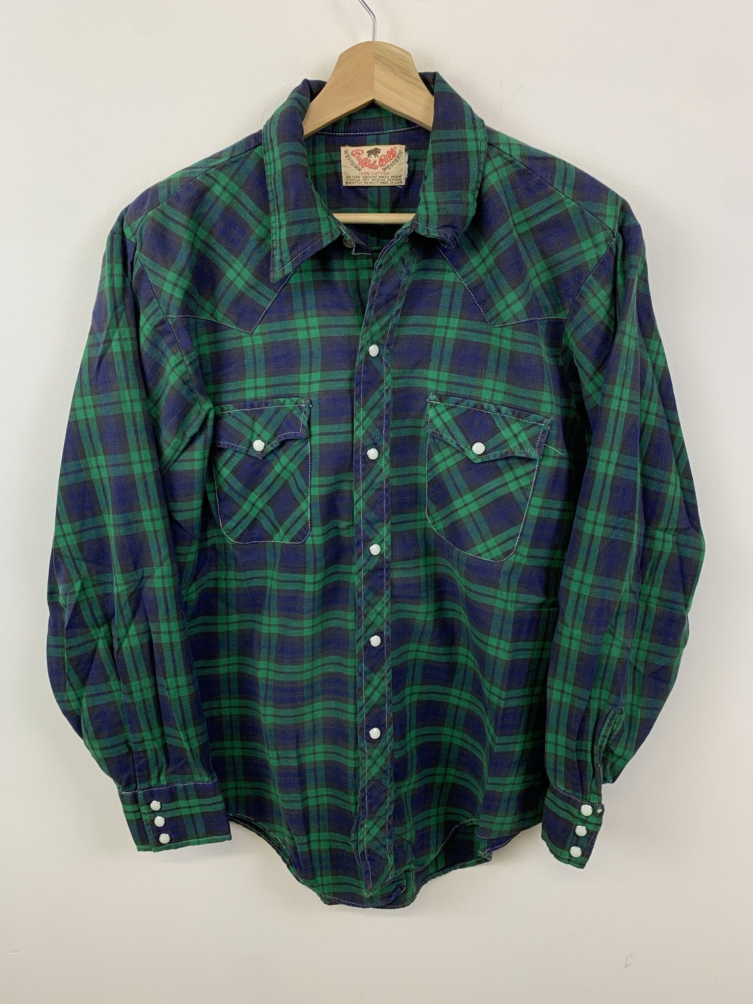 Vintage Buffalo Bill 190990s Green Check Pearl Snap Button Down Size L