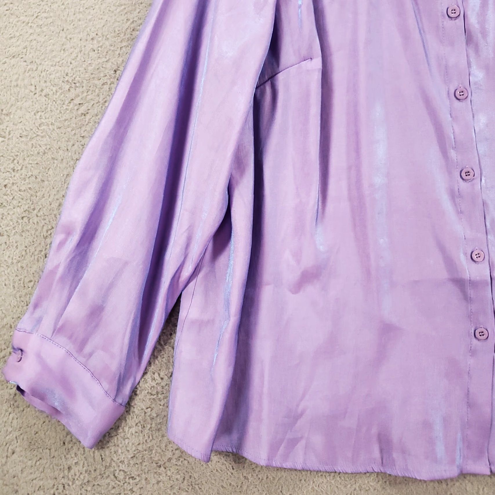 Shein SheIn Curve Blouse 4XL Womens Tunic Lavender Iridescent Button Up Collared Long Sleeve Classic/Fitted Sleeve Polyester, Viscose Purple 4XL Plus Size Size XXL / US 16-18 / IT 52-54 - 3 Thumbnail