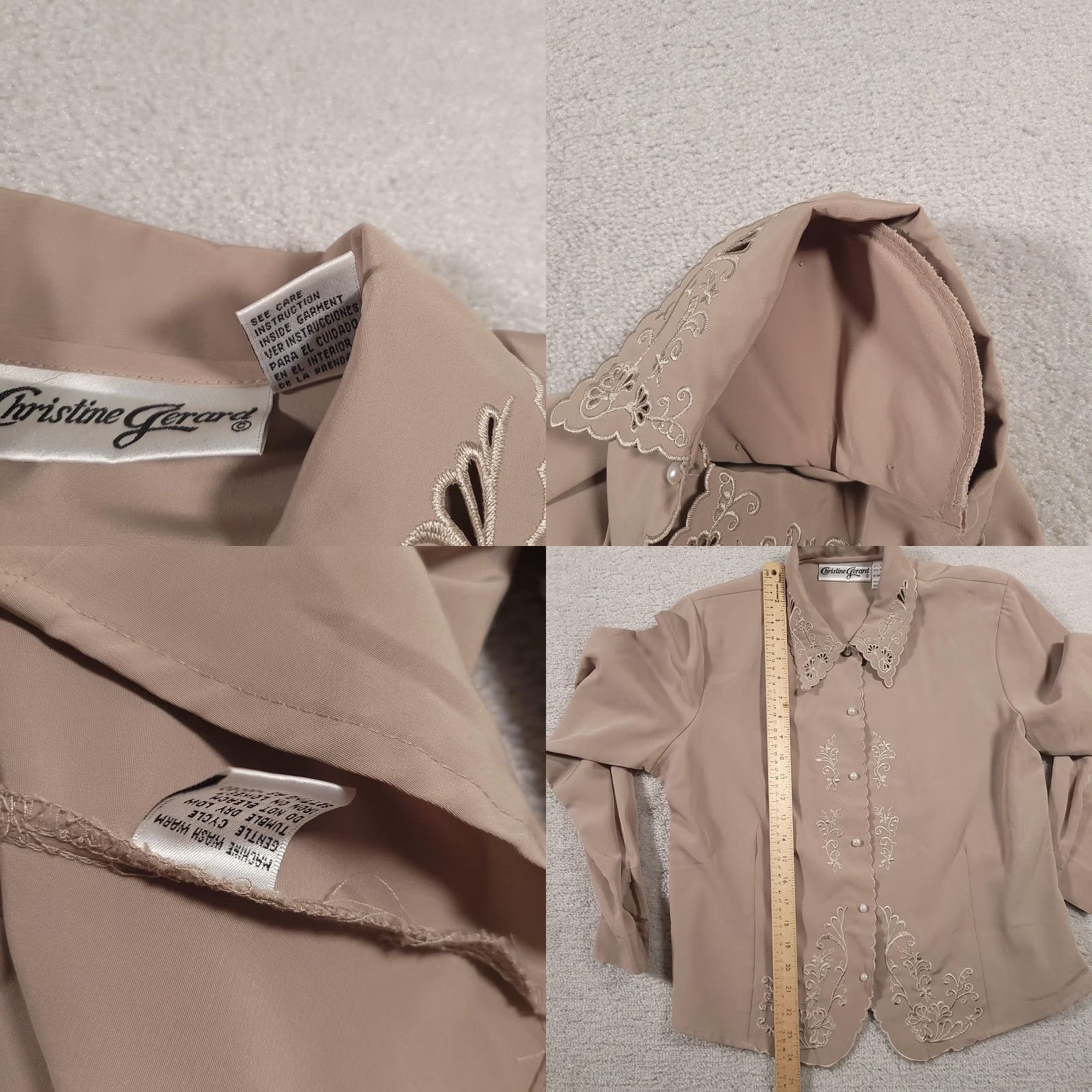 Vintage VINTAGE Christine Gerard Blouse Womens 10 Beige Embroidered Pearl Button Long Sleeve Vintage Style Blouse for Women Size L / US 10 / IT 46 - 8 Thumbnail