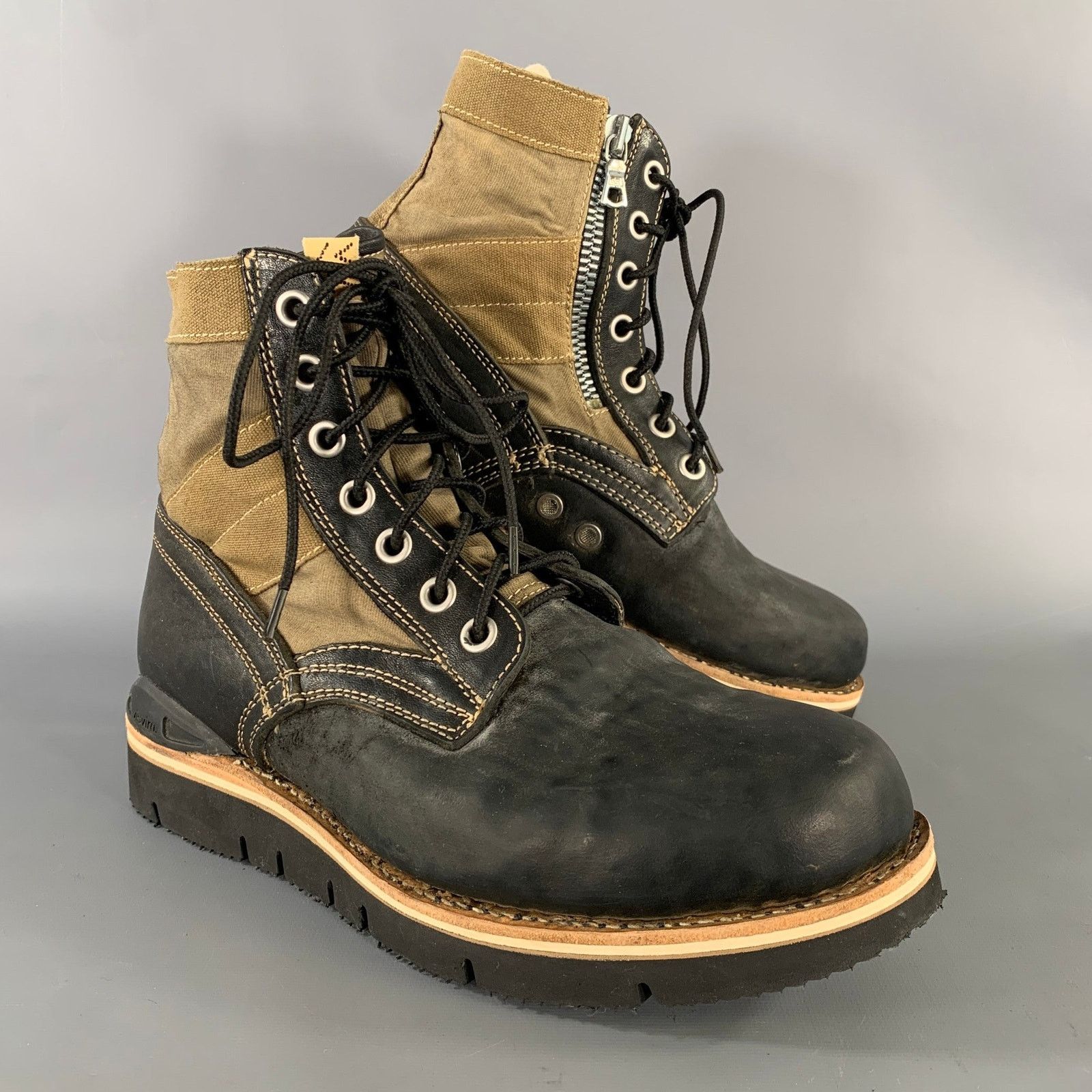 Visvim Black Olive Distressed Leather Canvas Lace Up Boots Size US 9.5 / EU 42-43 - 1 Thumbnail