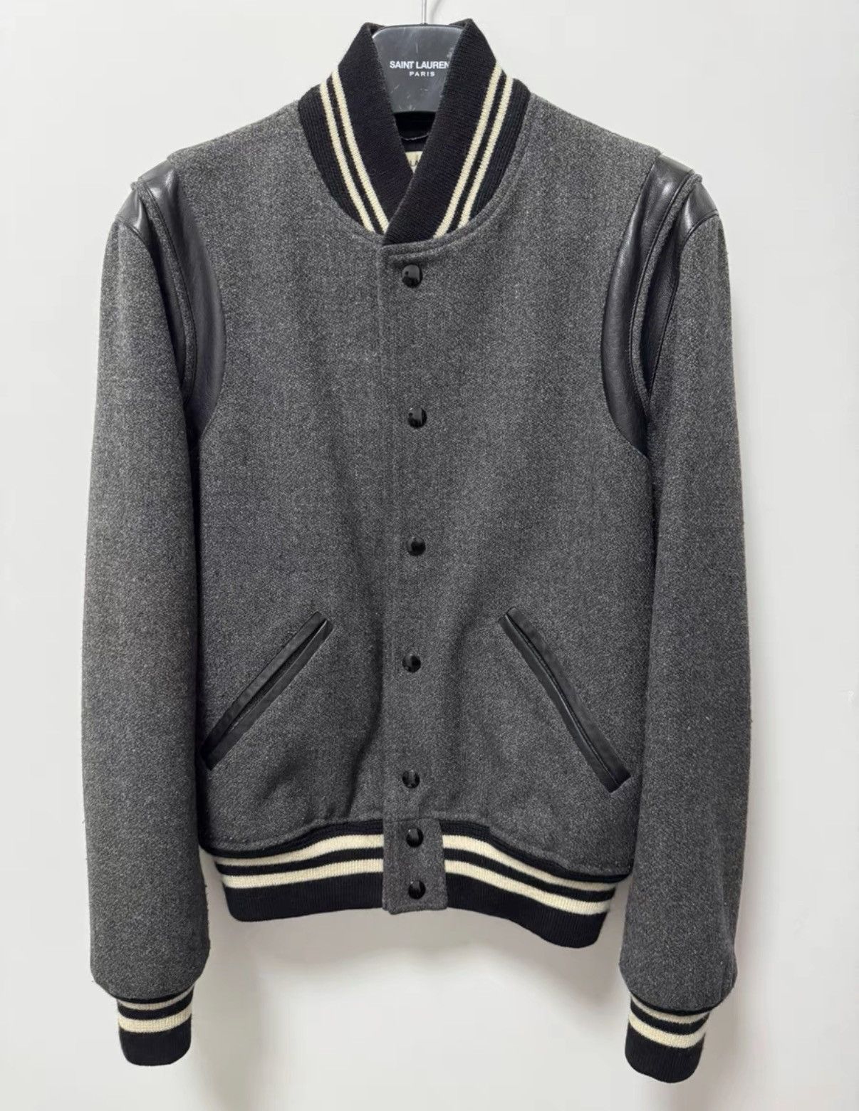 Saint Laurent Paris Saint Laurent Snowflake-Print Leather-Paneled Varsity Jacket Size US L / EU 52-54 / 3 - 1 Thumbnail