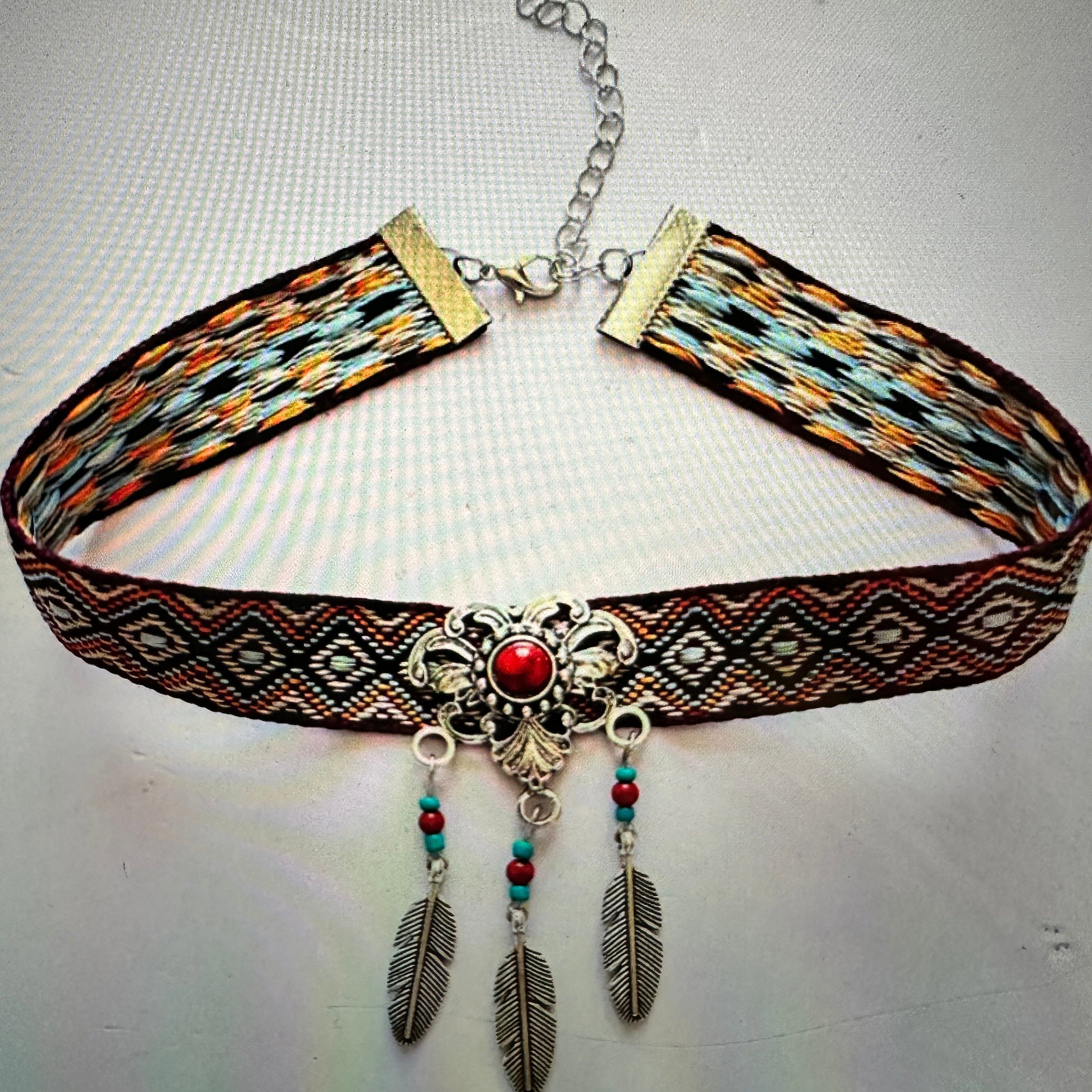 Other Handcrafted Bohemian Coral & Feather Choker Necklace with Gi Size ONE SIZE - 4 Thumbnail