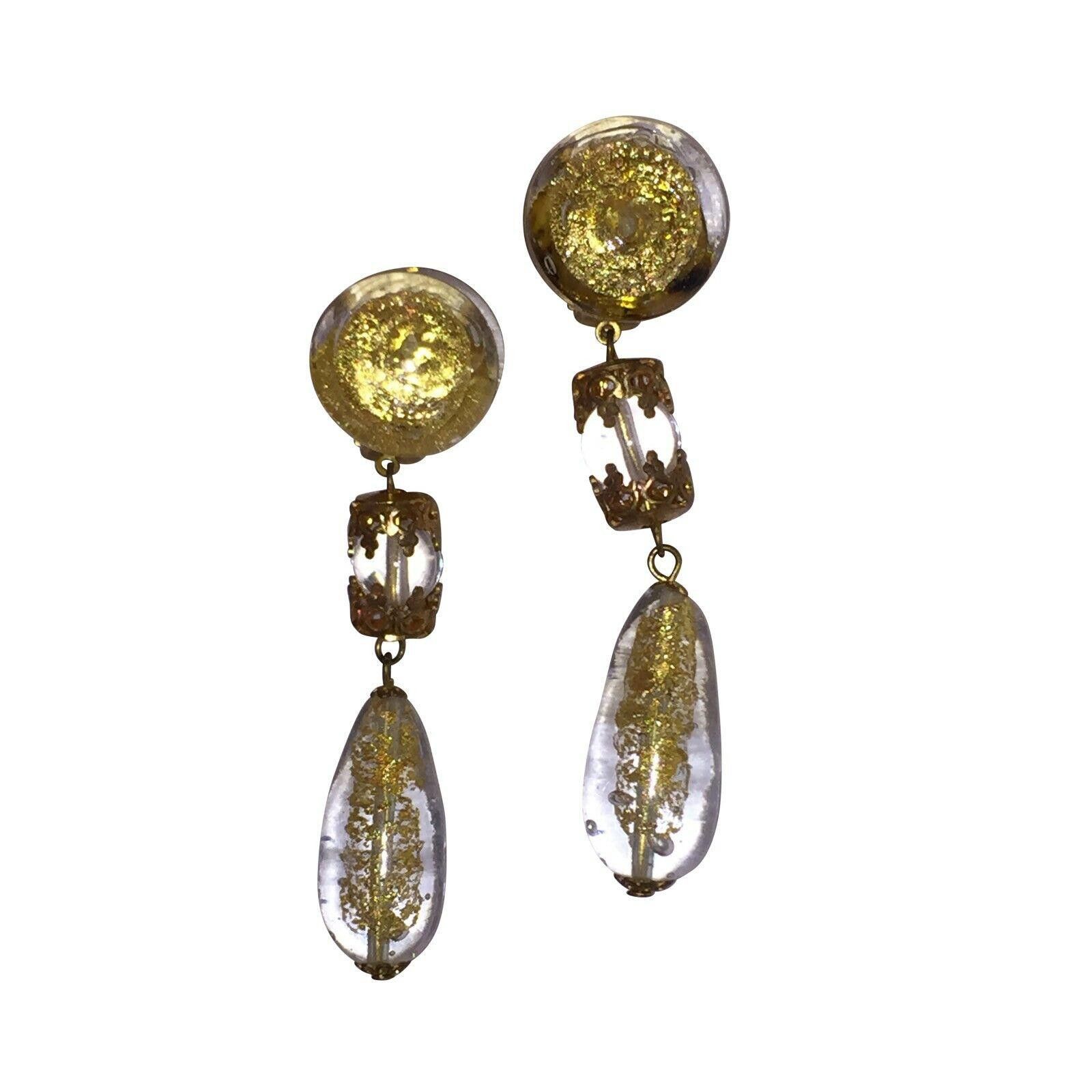 Designer Venetian Art Glass 24 kt Gold Bead Dangle Earrings Size ONE SIZE - 2 Thumbnail