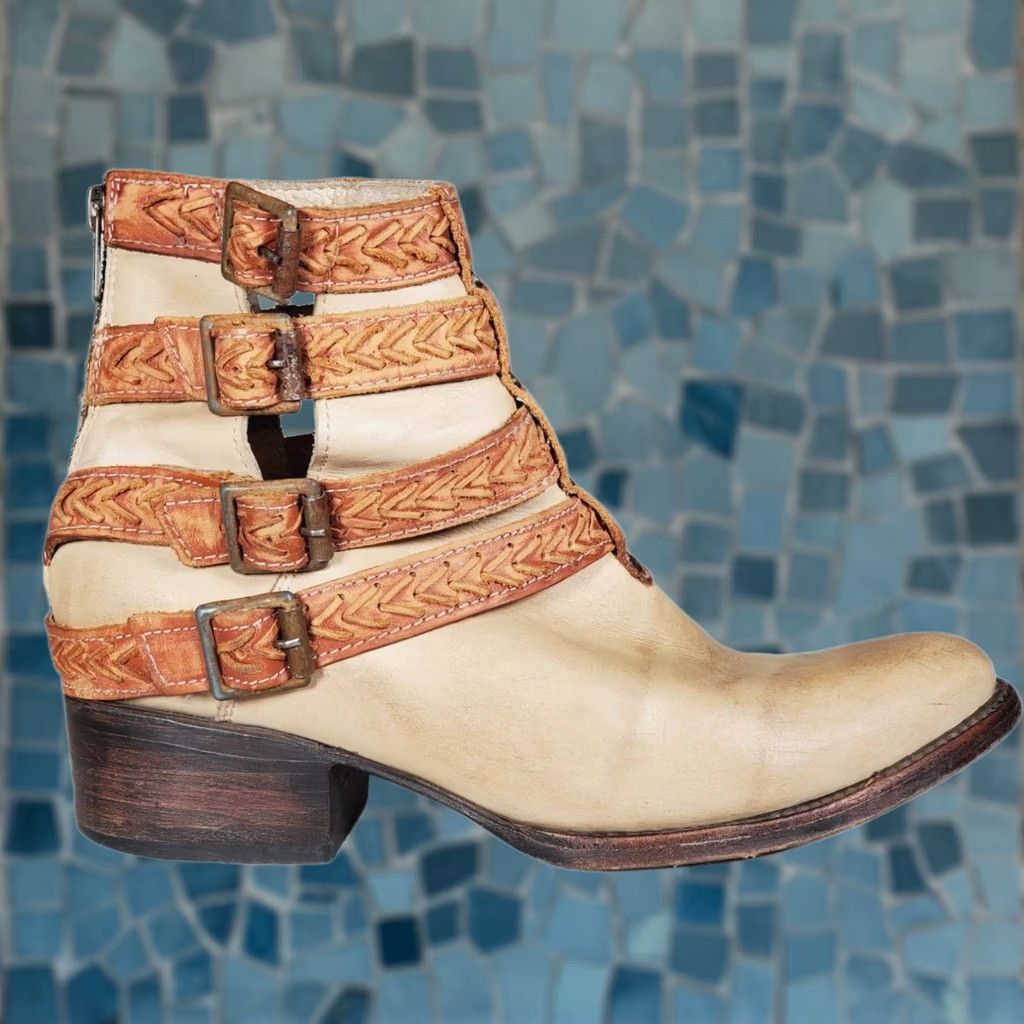 FREEBIRD FREEBIRD by STEVEN FB ROPER Leather Ankle Boots Light Tan Four Rust Braided Straps Buckles Women US 8 Size US 8 / IT 38 - 1 Thumbnail