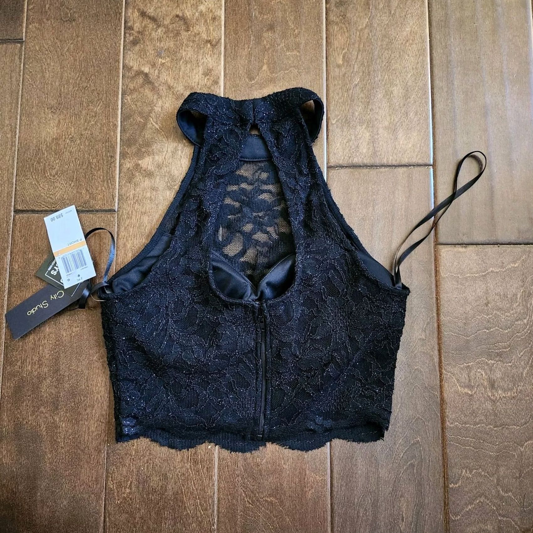 Vintage City Studio Women's Black Sequin Lace Crop Top Halter Sleeveless Back Zip Size 7 Size M / US 6-8 / IT 42-44 - 6 Thumbnail