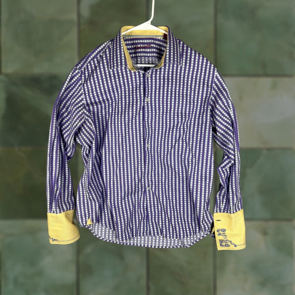 Robert Graham Robert Graham Shirt Mens XL XXL Purple Stripe Yellow Cuff Long Sleeve Button Size US XL / EU 56 / 4 - 1 Thumbnail