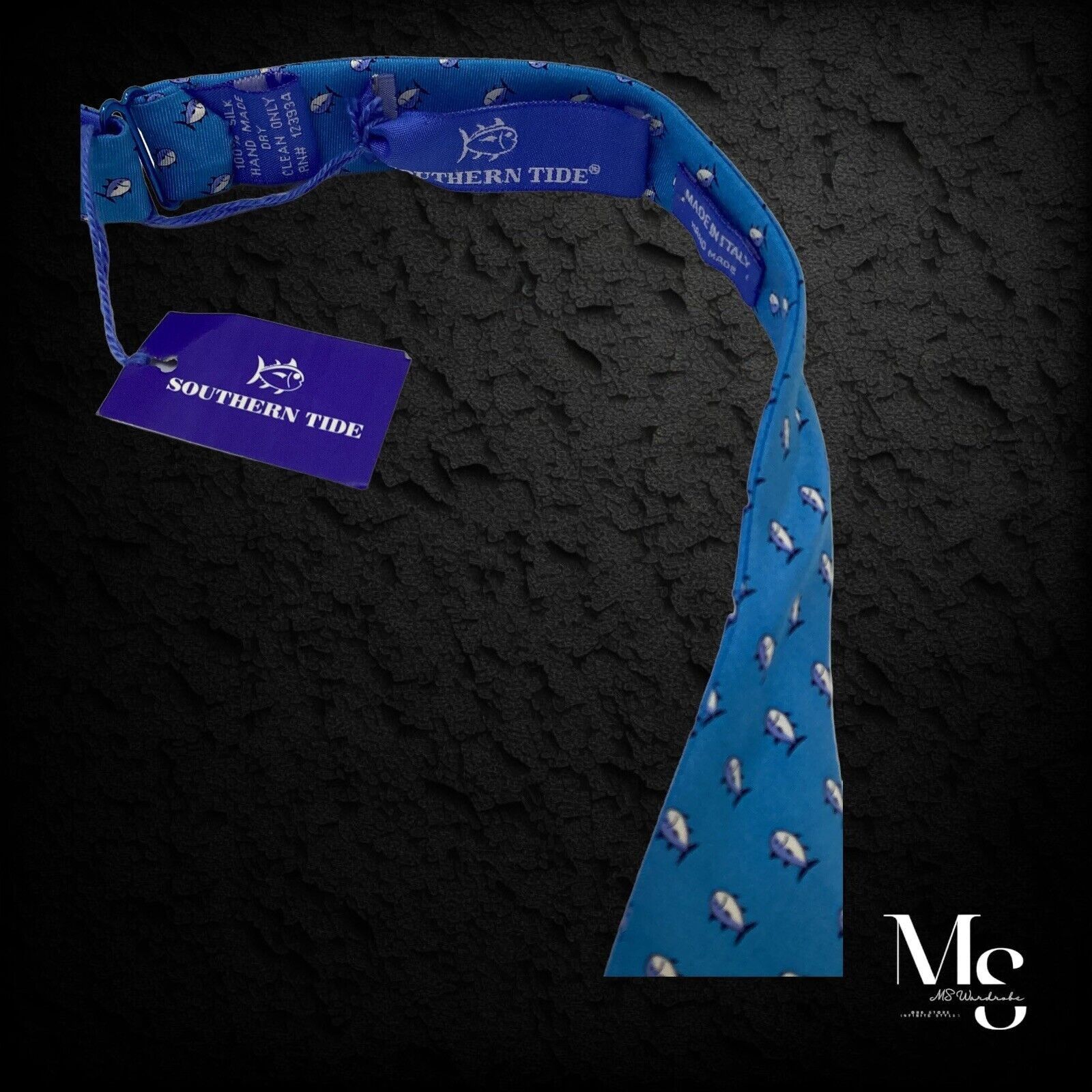 Southern Tide SOUTHERN TIDE Blue Fish Print Adjustable Bow Tie Silk Hand M Size ONE SIZE - 4 Thumbnail