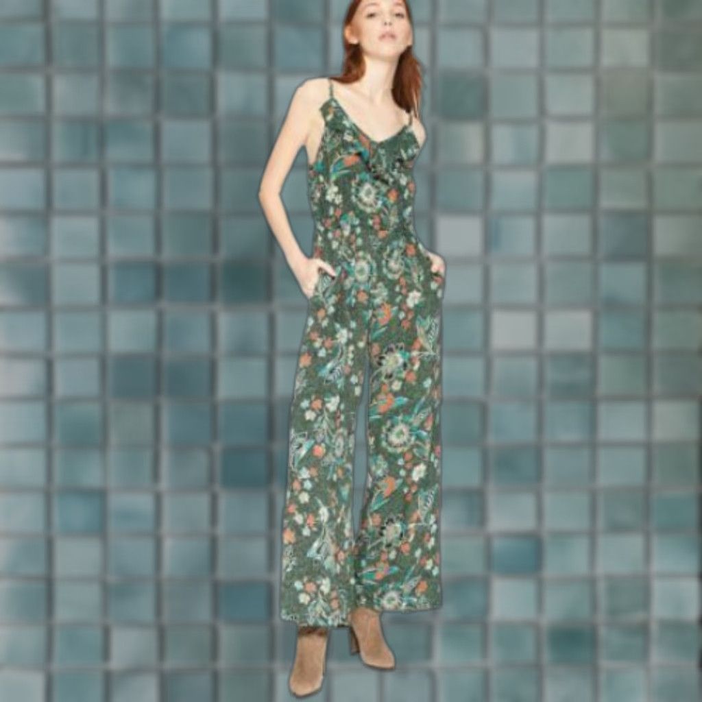 Vintage Angie Jumpsuit Women's Size Large Green Spaghetti Strap Ruffle Size 36" / US 14 / IT 50 - 1 Thumbnail