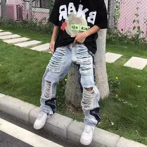 Japanese Brand × Jean High street tassel patch ripped baggy jeans Size US 32 / EU 48 - 4 Thumbnail