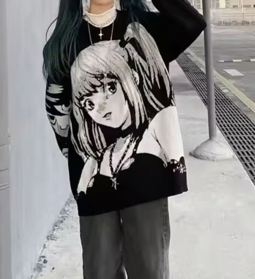 Japanese Brand Anime Knit Sweater Black White Oversized Jumper Size US L / EU 52-54 / 3 - 6 Thumbnail