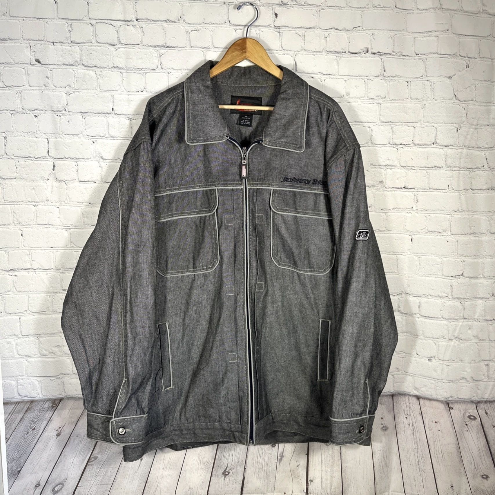 Denime VINTAGE Johnny Blaze Denim Jacket Mens 2XL Black Hip Hop Skater Coat Mid-Length Full Zip Pockets Logo Size US 39 - 2 Thumbnail
