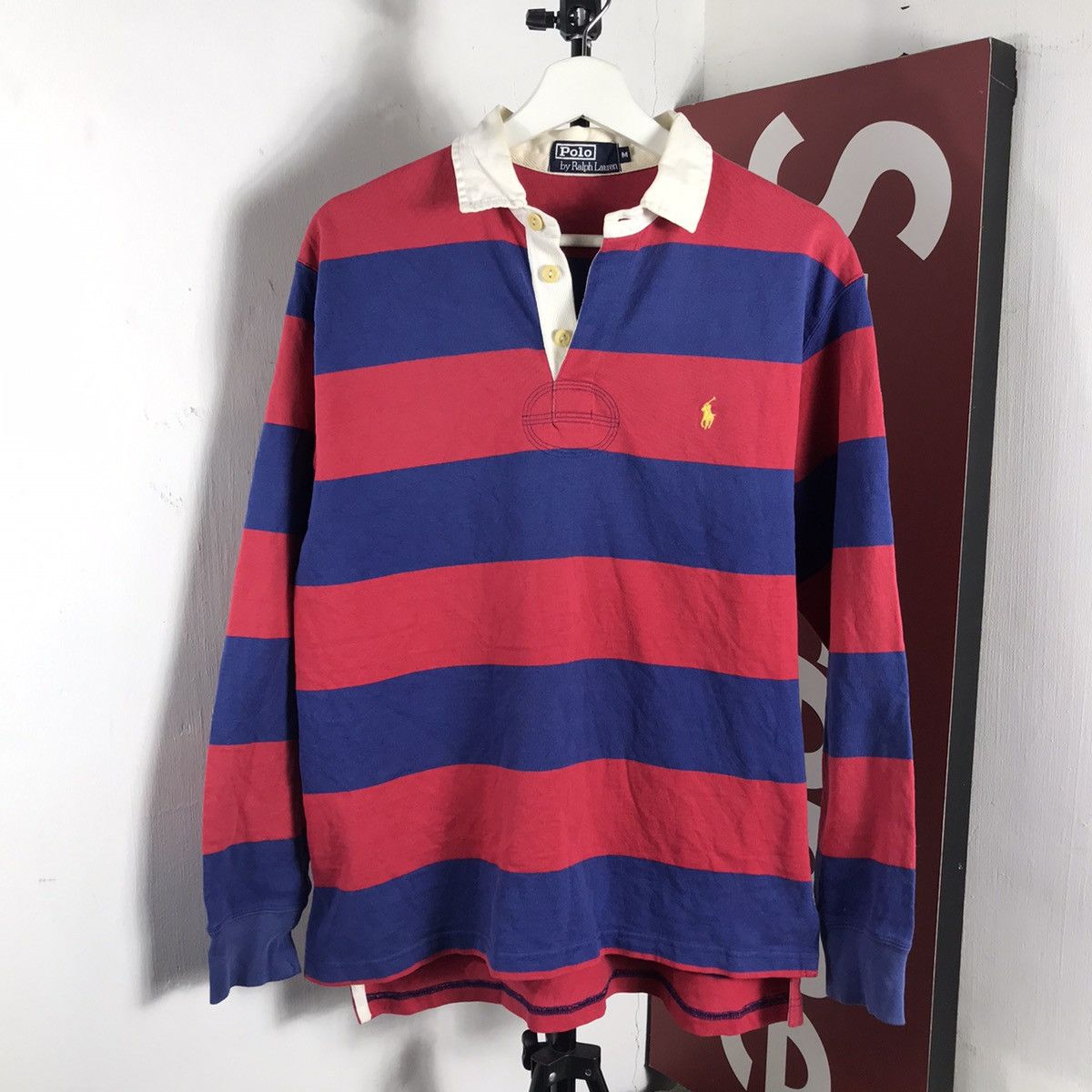 image of Polo Ralph Laurent Rugby Striped Polo Long Sleeve in Blue/Red, Men's (Size Medium)