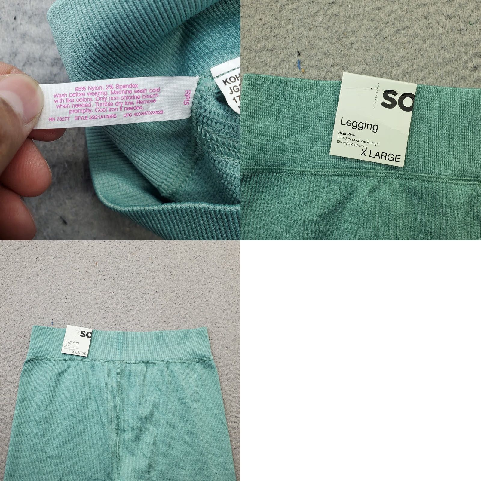 Vintage SO Leggings Womens XL Green High Rise Fitted Seamless Elastic Waist Skinny Leg Size 40" / US 18 - 8 Thumbnail