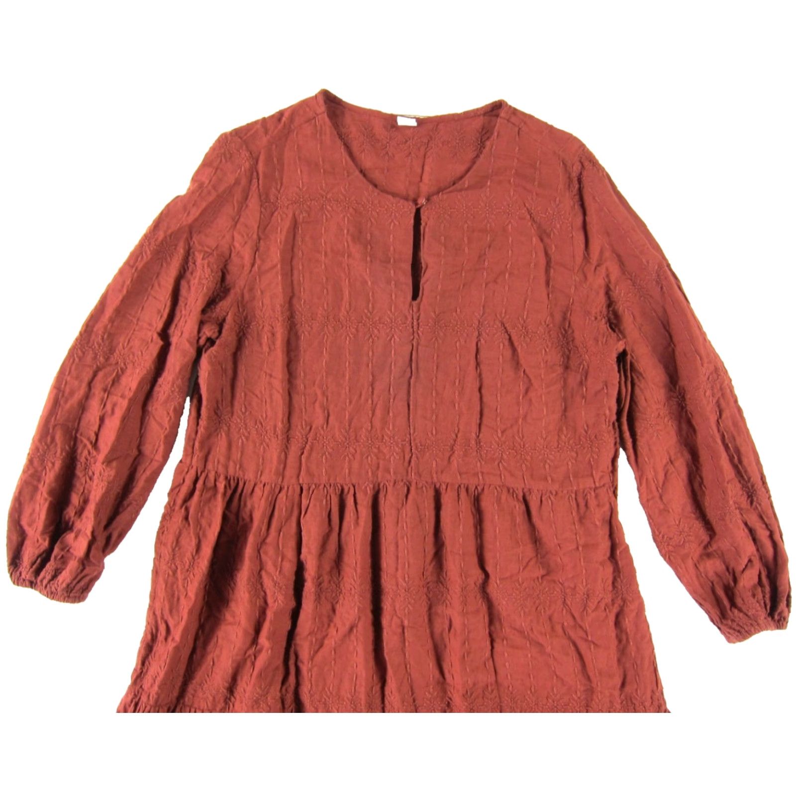 Old Navy Old Navy 100% Cotton Embroidered Brown Tiered Long Sleeve Midi Smock Dress Large Size L / US 10 / IT 46 - 4 Thumbnail