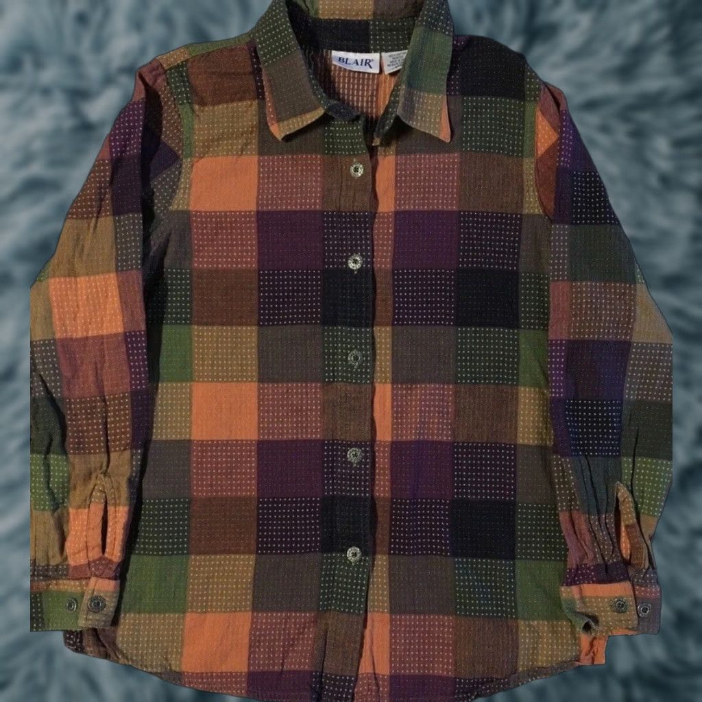VINTAGE Abstract Patchwork Button Up Shirt M Women's Striped Long Sleeve Cotton Orange