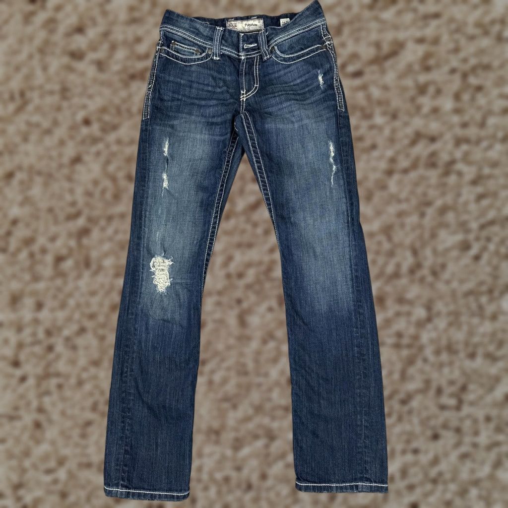 Vintage BKE Payton Jeans Women 26R Blue Medium Wash Straight Distressed 5-Pocket Denim Regular 30in Inseam 26x30 Size 26" / US 2 / IT 38 - 1 Thumbnail