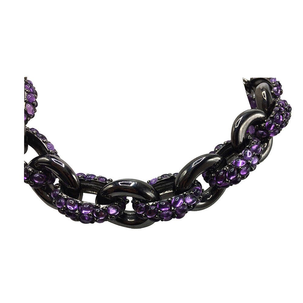 Designer Simulated Pink Sapphire Cabochon Black Rhodium Link Necklace Size ONE SIZE - 2 Thumbnail