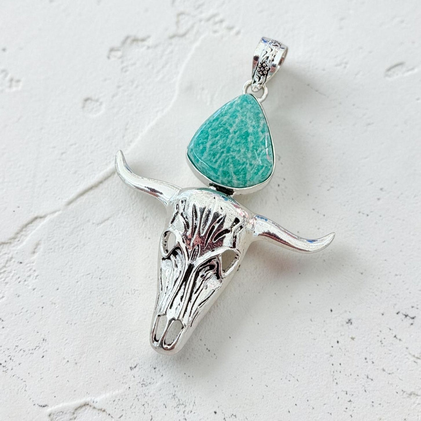 Other Amazonite Bull Skull Pendant 925 Plated Longhorn Western Size ONE SIZE - 1 Thumbnail