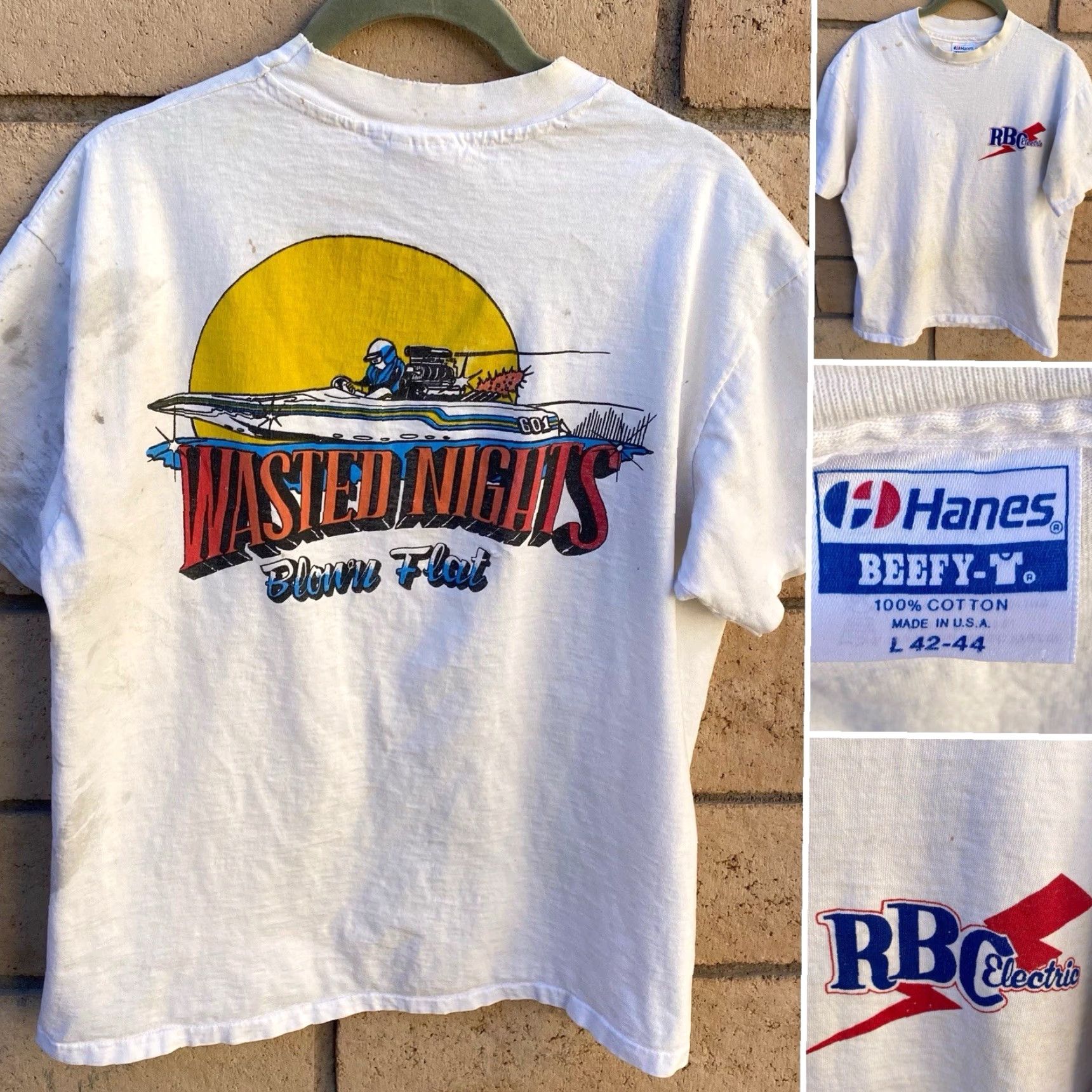 Hanes VINTAGE Hanes T-Shirt White Men L Graphic Print Blown Flatbottom Drag Boat 1980s Wasted Nights RBC Electric Size US L / EU 52-54 / 3 - 2 Thumbnail