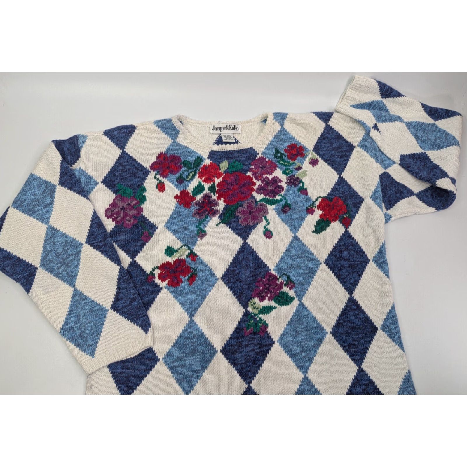 Vintage VINTAGE Jacque & KoKo Floral Diamond Argyle L/S Sweater Size 14/16 Ramie/Cotton Size XL / US 12-14 / IT 48-50 - 2 Thumbnail