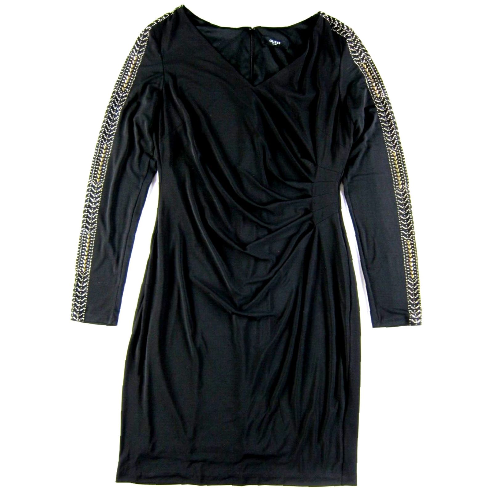 Guess GUESS Black Stretch Ruche Silver Studded Beaded V-Neck Long Sleeve Sheath Dress L Size L / US 10 / IT 46 - 2 Thumbnail